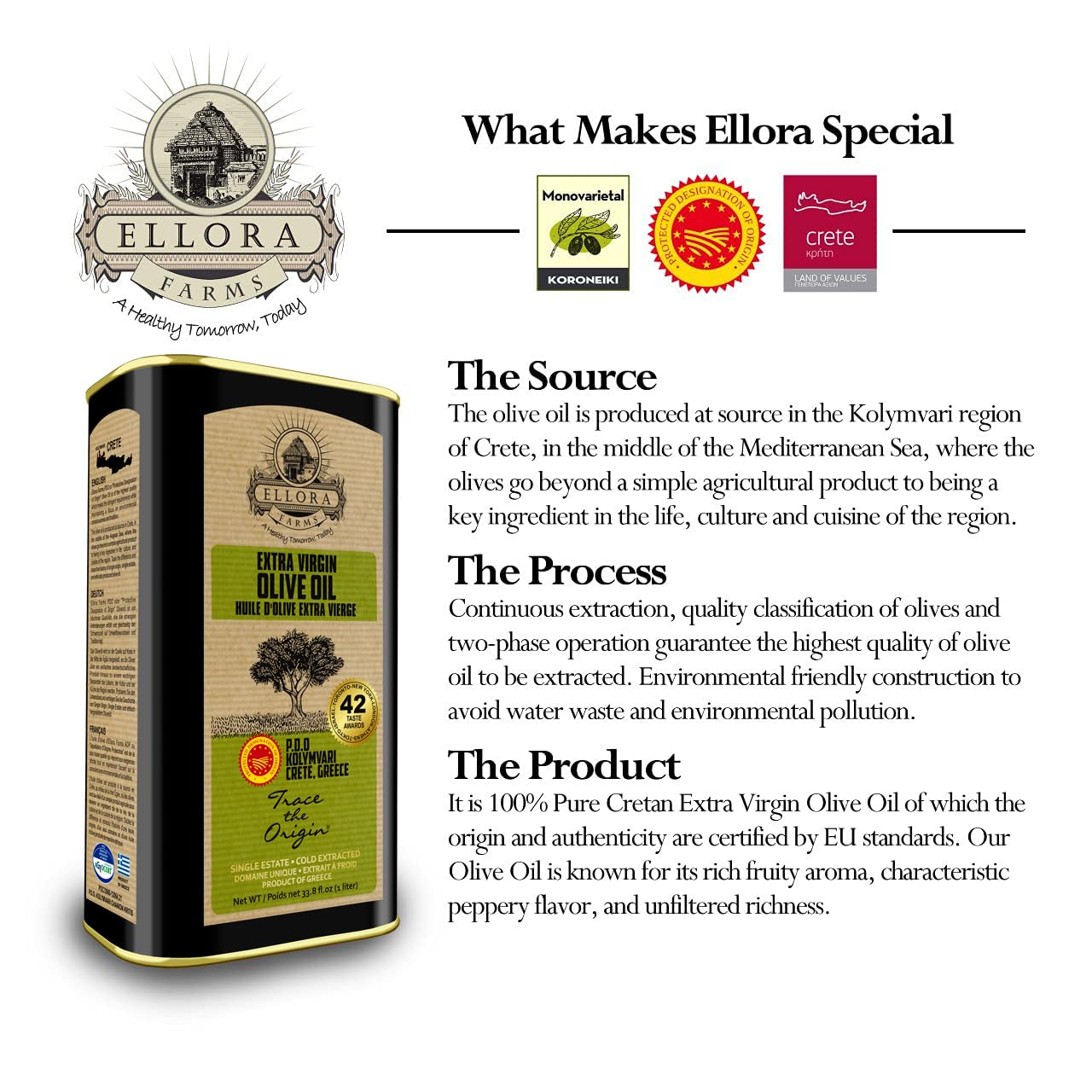 Ellora Farms Olive Oil Extra Virgin, Certified Single Estate PDO, Polyphenol Rich Extra Virgin Olive Oil Cold Pressed & Traceable, Global Gold Awards EVOO, Kosher, Crete, Greece 33.8 Fl oz (1 Ltr)