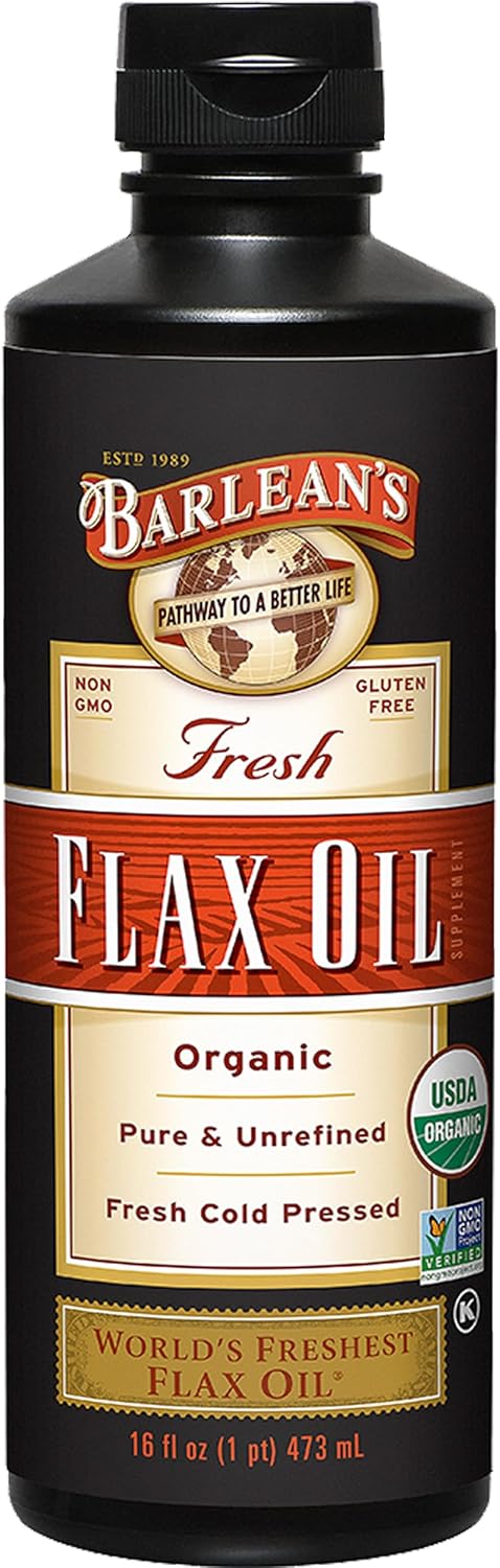 Barlean's Organic Flaxseed Oil Liquid from Fresh Cold Pressed Flax Seeds, 7,640mg ALA Omega 3 Fatty Acid Supplement for Healthy Hair and Skin, Vegan and Gluten Free, 16 oz