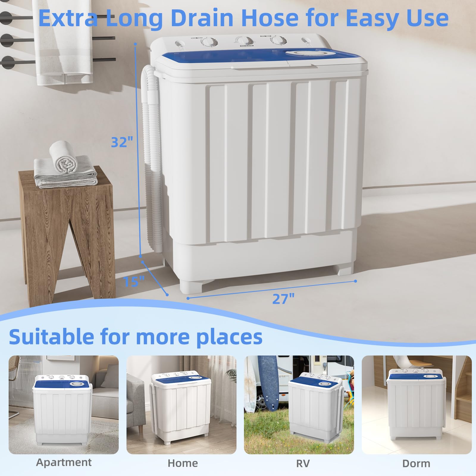 VCJ Portable Washing Machine, Twin Tub Washing Machine Laundry Compact Washer spinner Combo with 14lbs capacity, 9Lbs Washer and 5Lbs Spinner dryer for Apartments RVs and Dorms