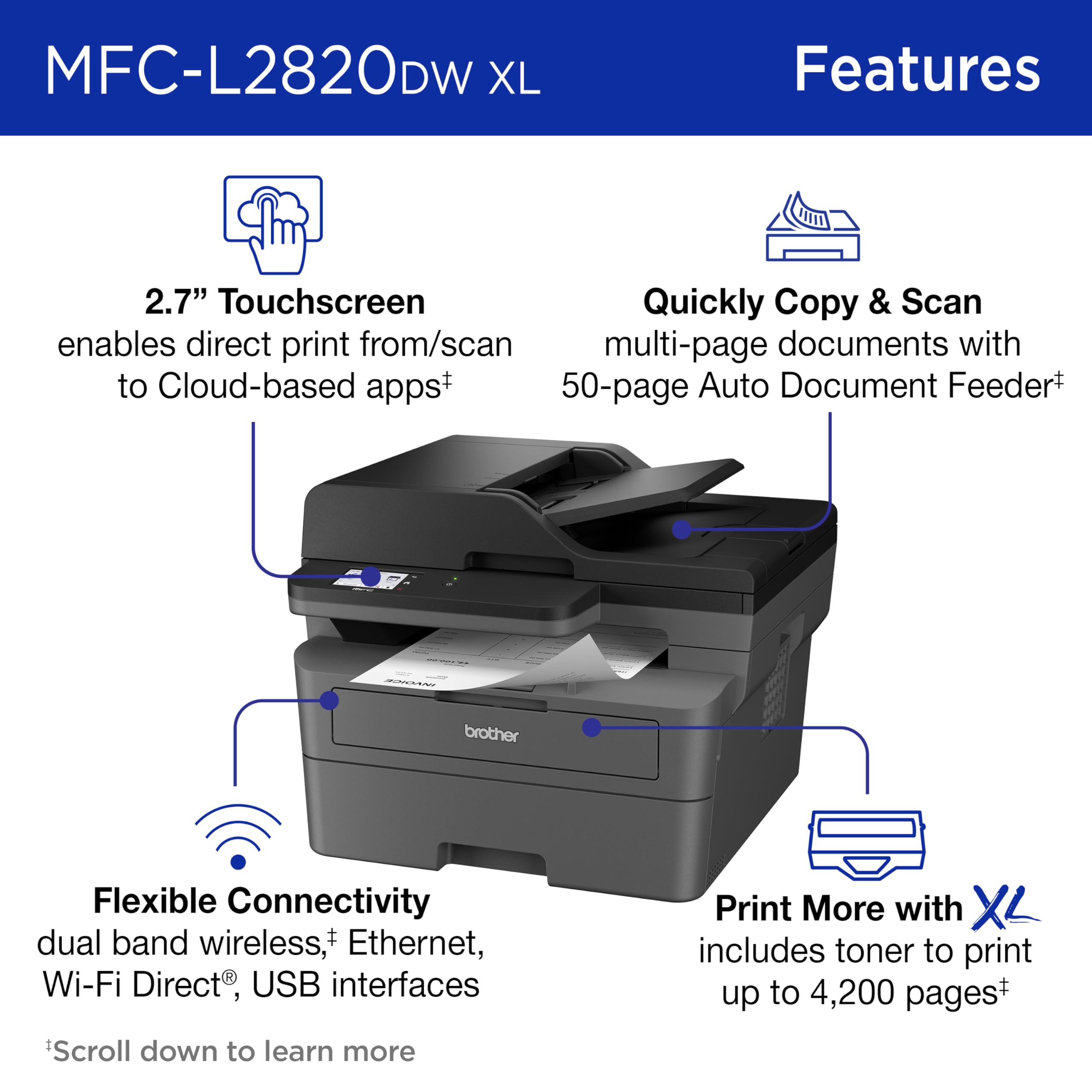 Brother MFC-L2820DW Wireless Compact Monochrome All-in-One Laser Printer with Copy, Scan and Fax, Duplex, Black & White | Includes Refresh Subscription Trial(1), Works with Alexa