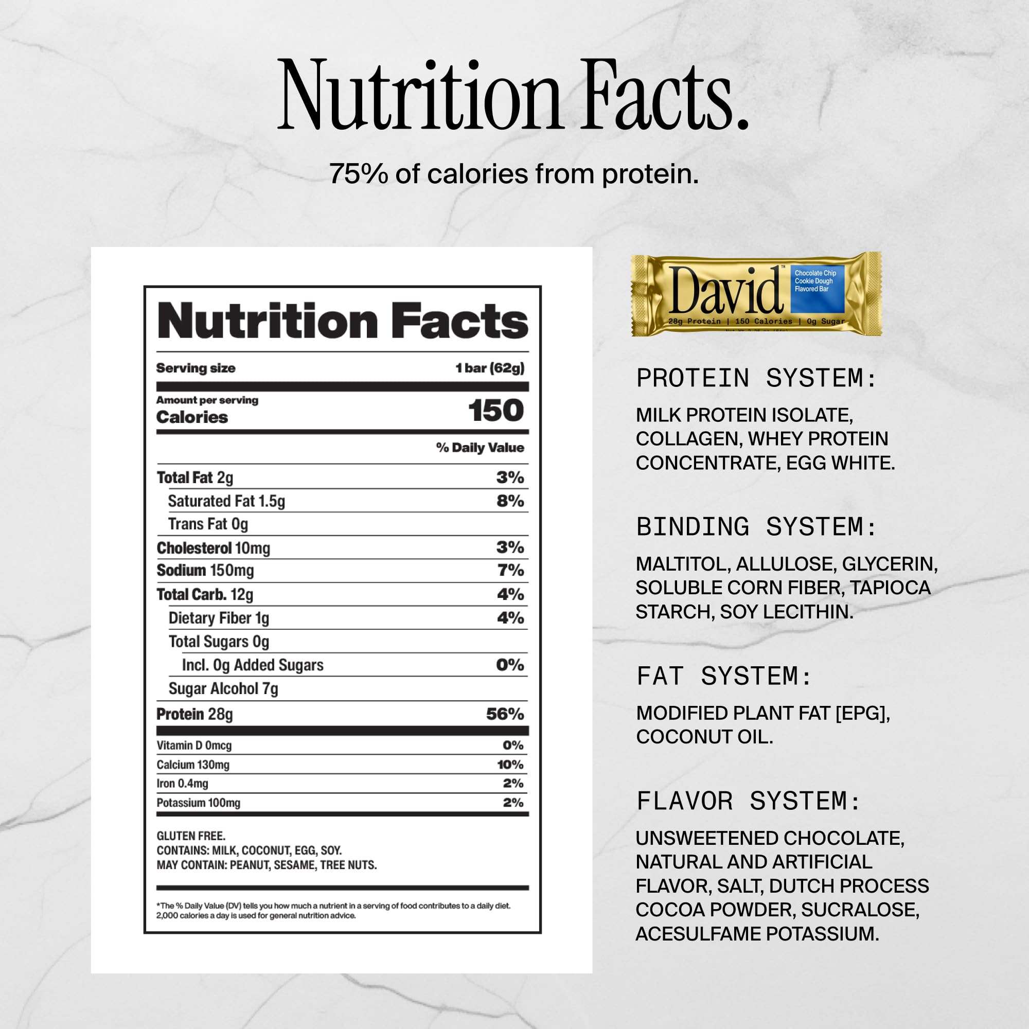David High Protein Bars No Sugar - Sugar Free Protein Bars, Low Carb, Gluten Free - 28g of Protein, 150 Calories - David Bar On-The-Go Snack - Peanut Butter Chocolate Chunk Flavor, Pack of 12