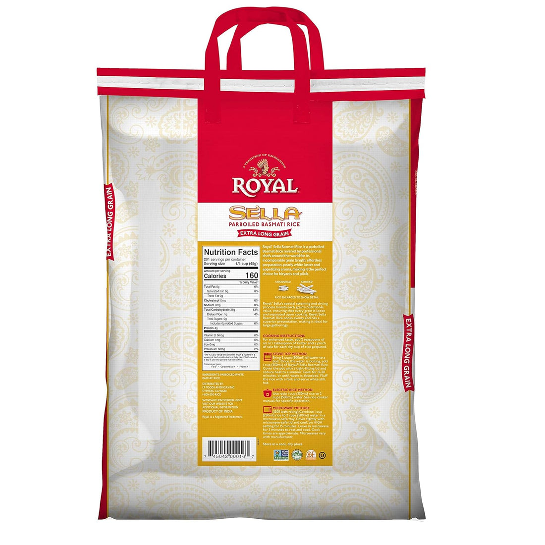 Royal Chef's Secret Sella Basmati Rice - Authentic Extra Long Grain Parboiled Basmati White Rice - 20 lb Bag