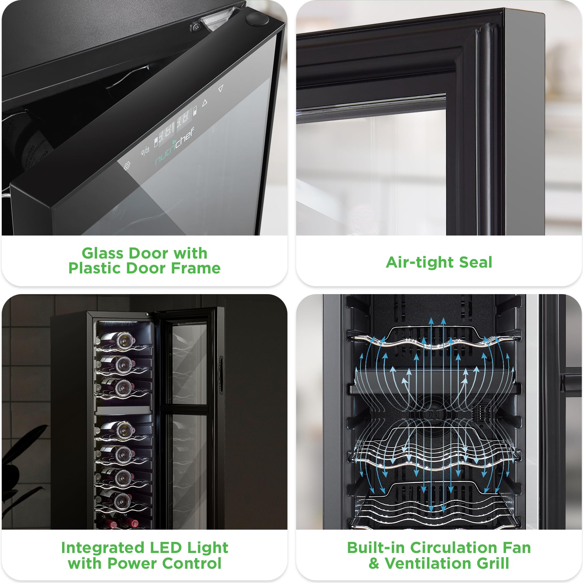 Nutrichef 12 Bottle Stainless Steel Slim Wine Fridge | Red & White Wine Chiller | Adjustable Temperature Control, Ultra Quiet Operation & Energy Efficient | Mini Wine Cooler Refrigerator | 31x10x17 IN