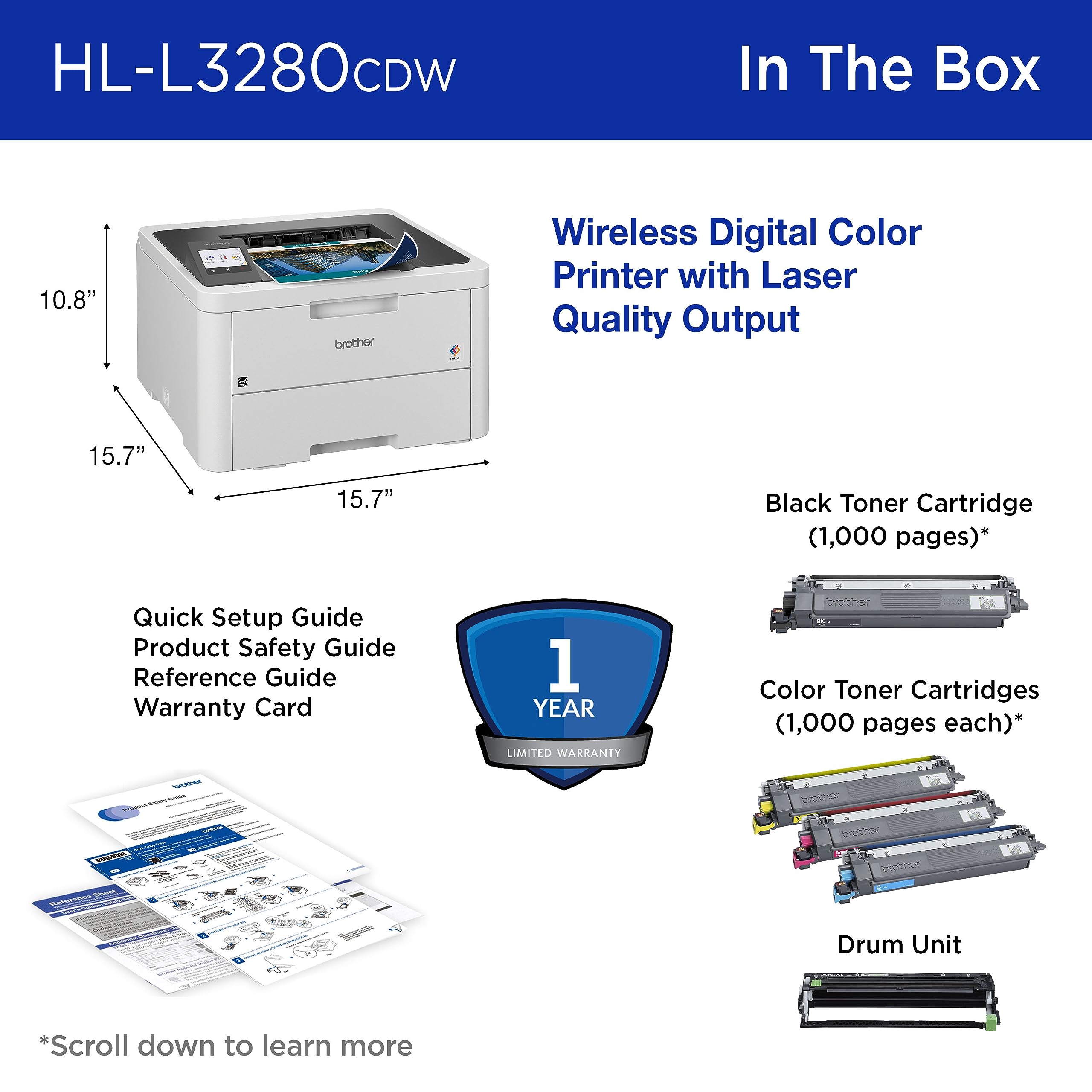 Brother HL-L3280CDW Wireless Compact Digital Color Printer with Laser Quality Output, Duplex, Mobile Printing & Ethernet | Includes 2 Month Refresh Subscription Trial¹,Works with Alexa