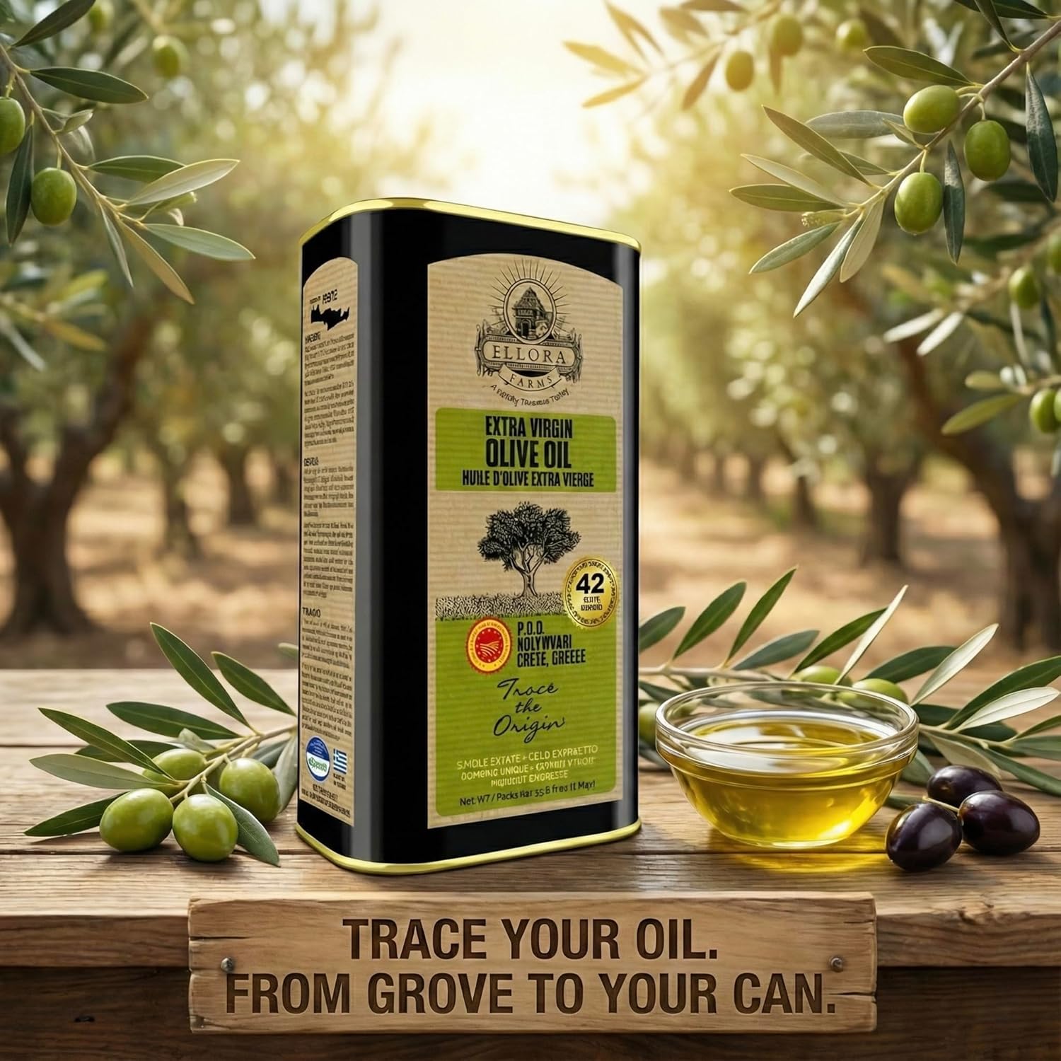 Ellora Farms Olive Oil Extra Virgin, Certified Single Estate PDO, Polyphenol Rich Extra Virgin Olive Oil Cold Pressed & Traceable, Global Gold Awards EVOO, Kosher, Crete, Greece 33.8 Fl oz (1 Ltr)