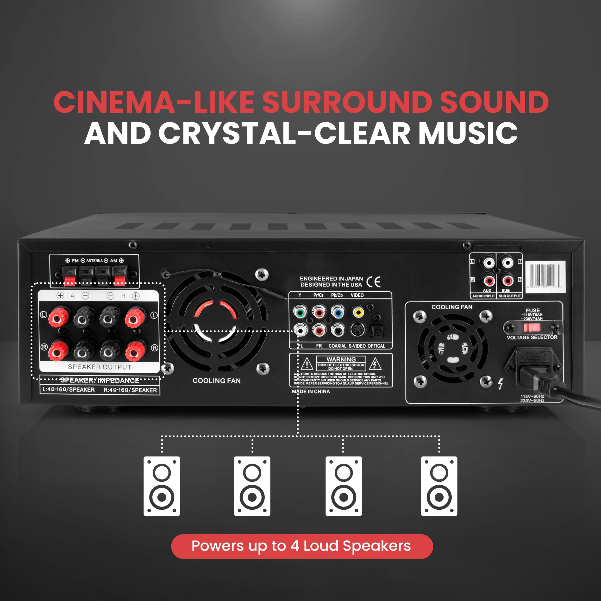 Pyle 4-Channel 1000W Power Amplifier with Bluetooth - Wireless Stereo Home Audio Receiver w/ Front Loading CD DVD Player, FM Radio, USB-A, Headphone, 2 Microphone w/ Echo, LED, Rack Mount - PD1000BA