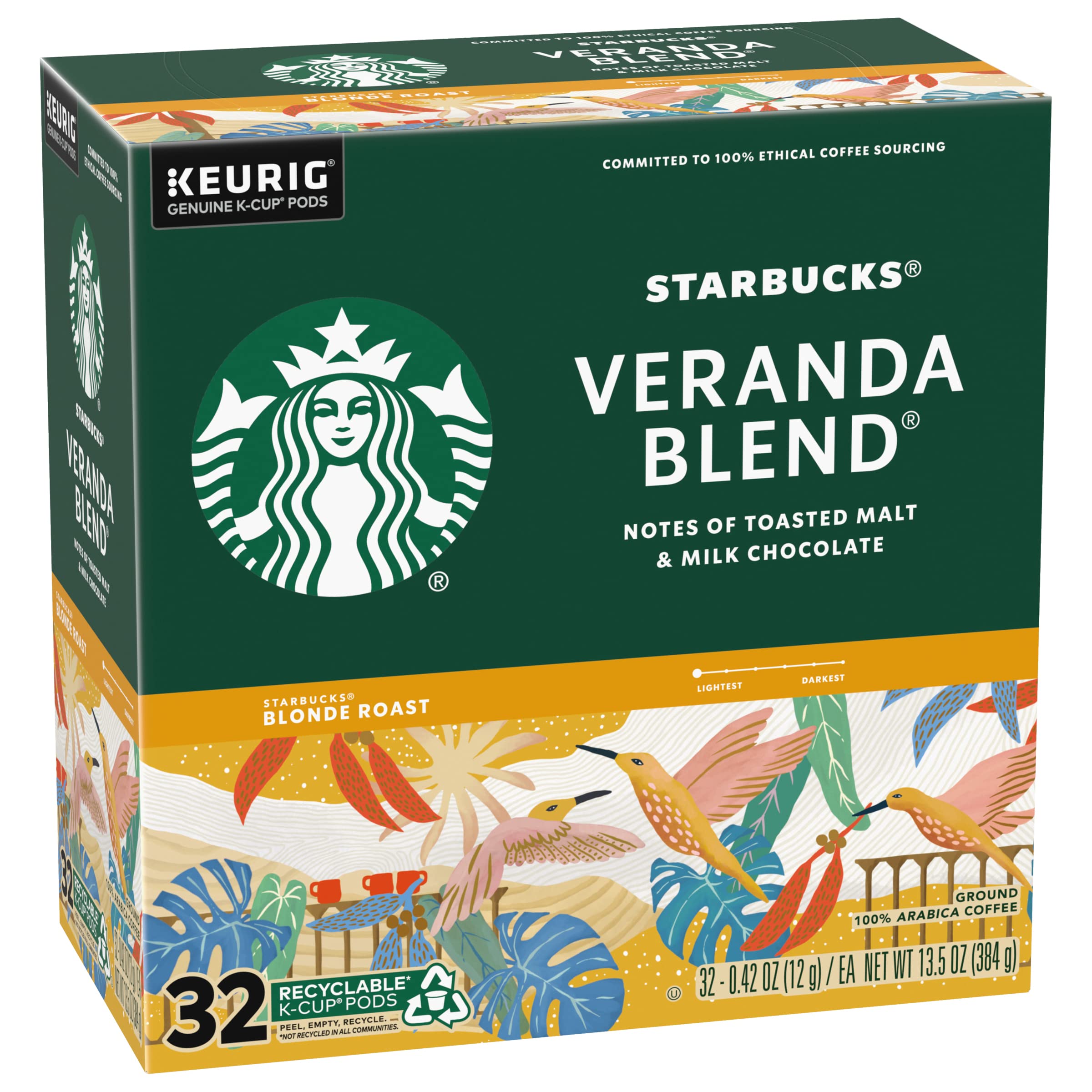 Starbucks K-Cup Coffee Pods, Starbucks Blonde Roast Hot or Iced Coffee, Veranda Blend, 96 Keurig Pods