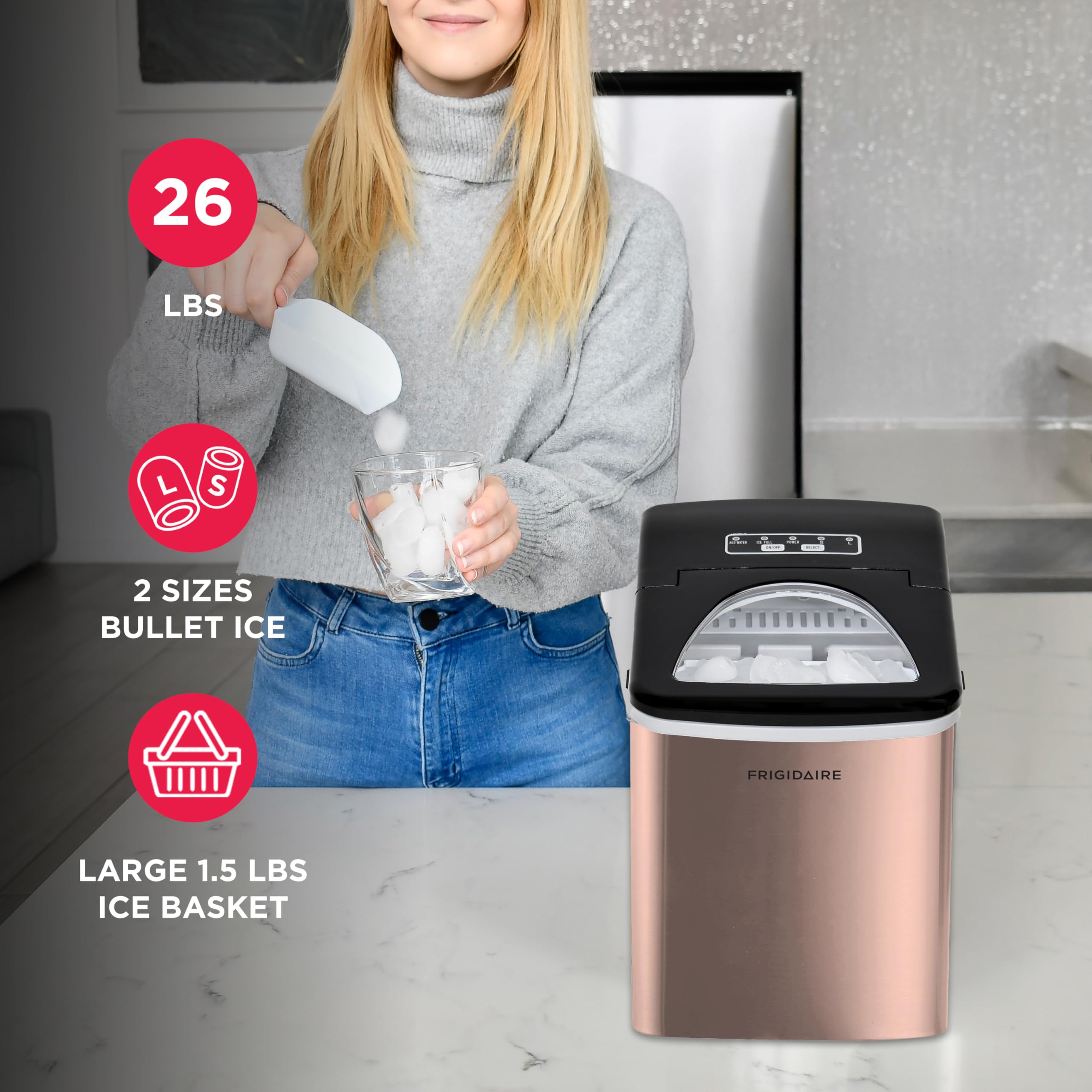 Frigidaire 26 Lbs per Day Portable Compact Maker, Ice Making Machine, Stainless, Medium