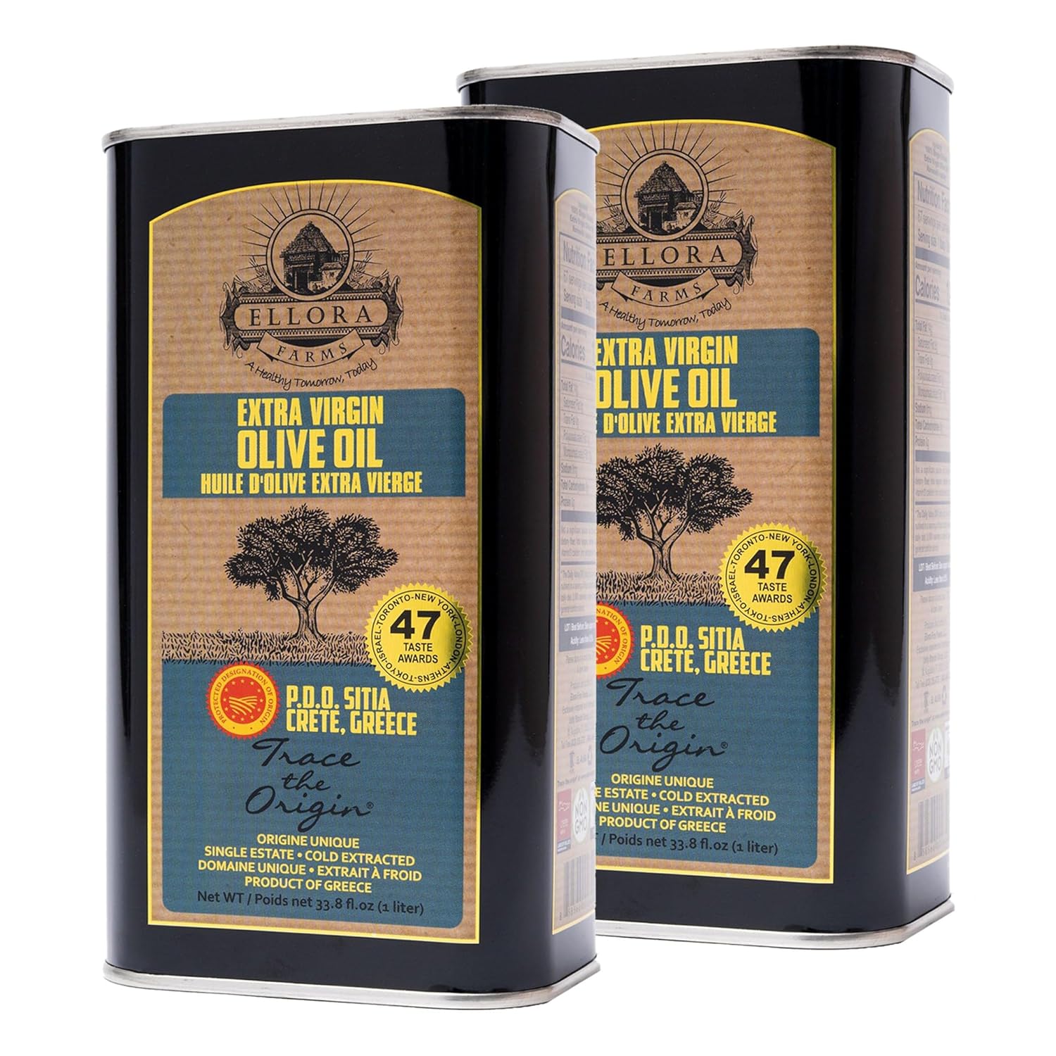 Ellora Farms Olive Oil Extra Virgin, Certified Single Estate PDO, Polyphenol Rich Extra Virgin Olive Oil Cold Pressed & Traceable, Global Gold Awards EVOO, Kosher, Crete, Greece 33.8 Fl oz (1 Ltr)