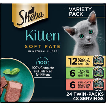 Sheba Perfect Portions Kitten Wet Cat Food Pate Chicken Entree, Salmon Entree, and Turkey Entree, 2.6 oz. Twin-Pack Trays (24 Count, 48 Servings)