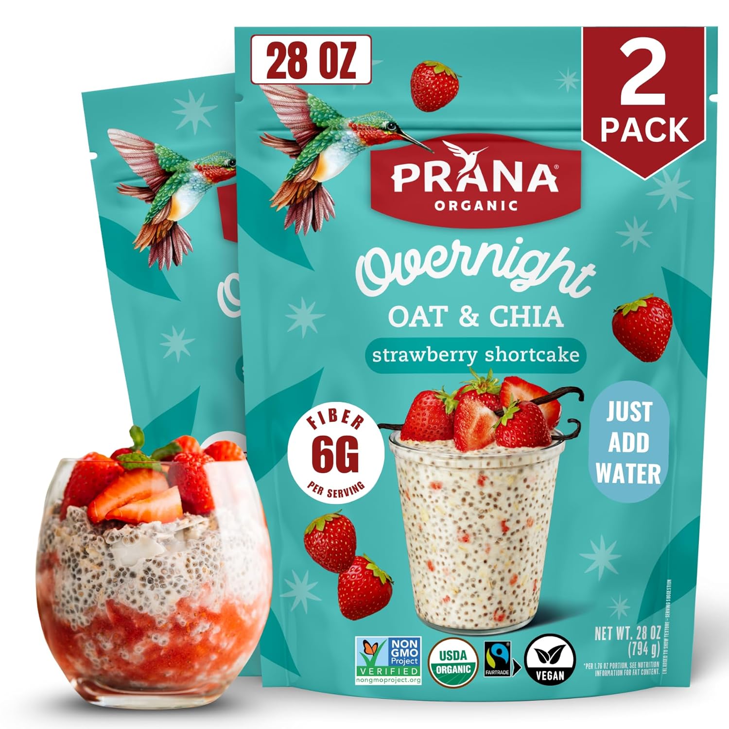 Prana Organic Overnight Chia with Oats Berry Fairy | Rich in Fiber & Protein, Vegan, Non-GMO | Ready to Eat Breakfast - 28 oz Bags - 2 Pack