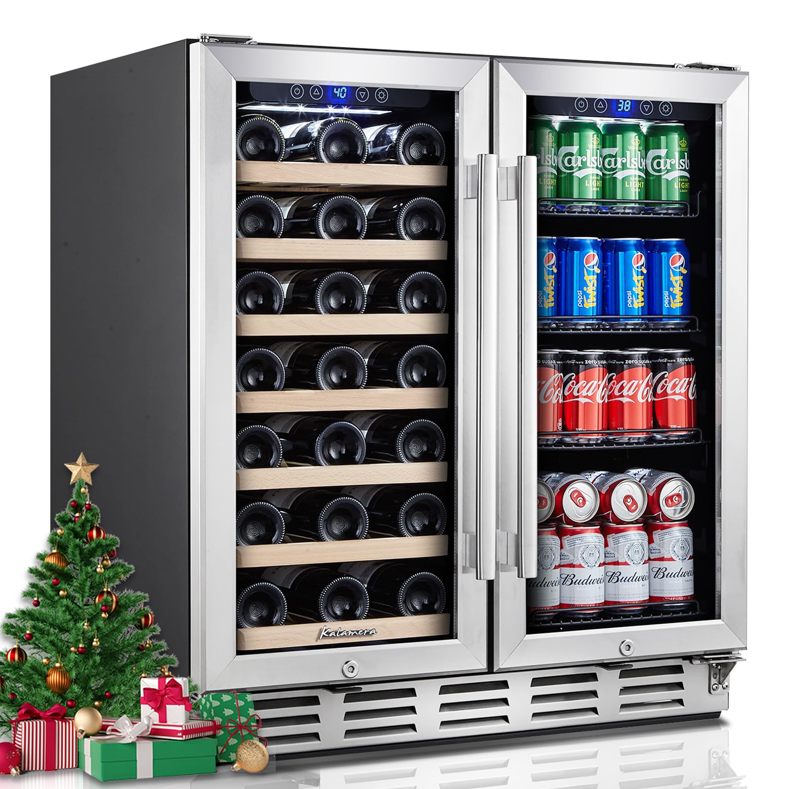 Kalamera 24 inch Wine Cooler, 37 Bottle - Dual Zone Built-in or Freestanding Fridge with Stainless Steel Reversible Glass Door, for Home, Kitchen or Office