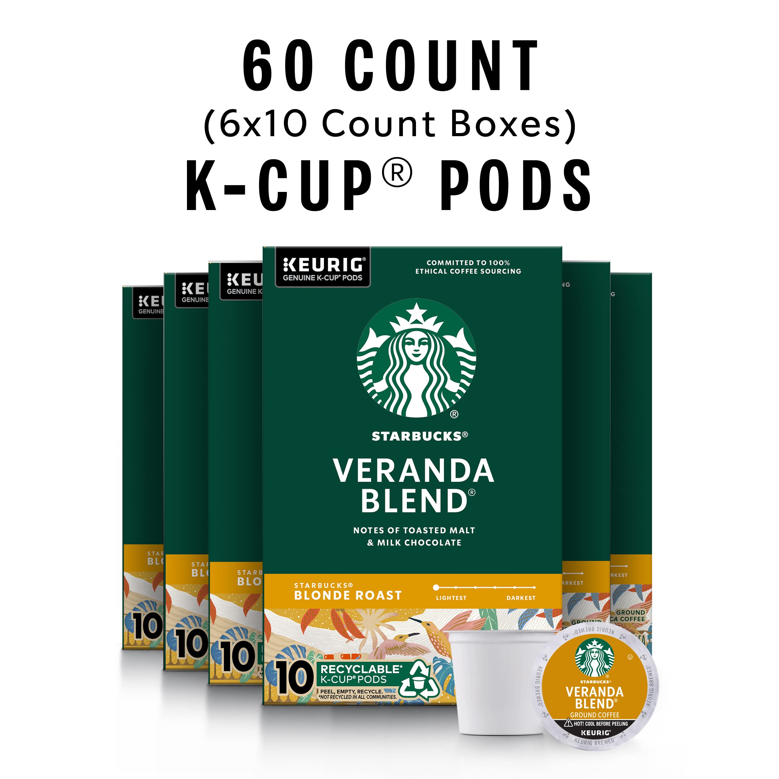 Starbucks K-Cup Coffee Pods, Starbucks Blonde Roast Hot or Iced Coffee, Veranda Blend, 96 Keurig Pods