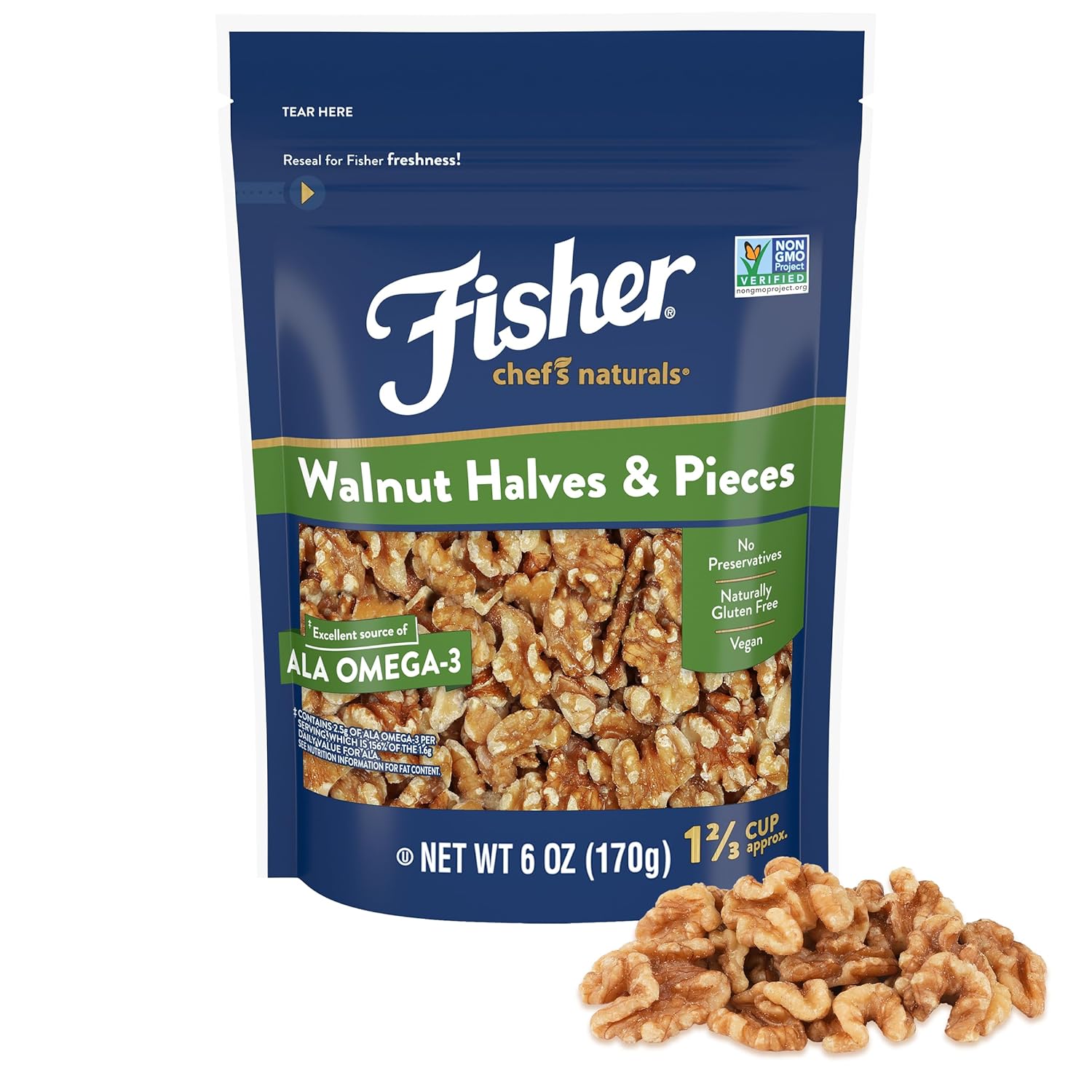 Fisher Chef's Naturals Walnut Halves & Pieces 2 lb, 100% California Unsalted Walnuts for Baking & Cooking, Healthy Snacks for Adults, Resealable Bag, Vegan Protein, Keto Snack, Chopped Nuts, Topping