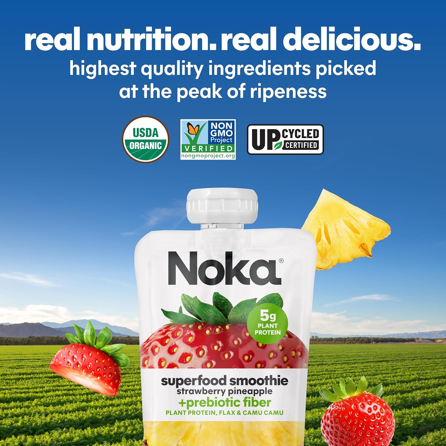 Noka Superfood Fruit Smoothie Pouches Variety Pack, Healthy Snacks with Flax Seed, Plant Protein and Prebiotic Fiber, Vegan and Gluten Free Snacks, Made in USA, Organic Squeeze Pouch, 4.22 oz, 12 Count