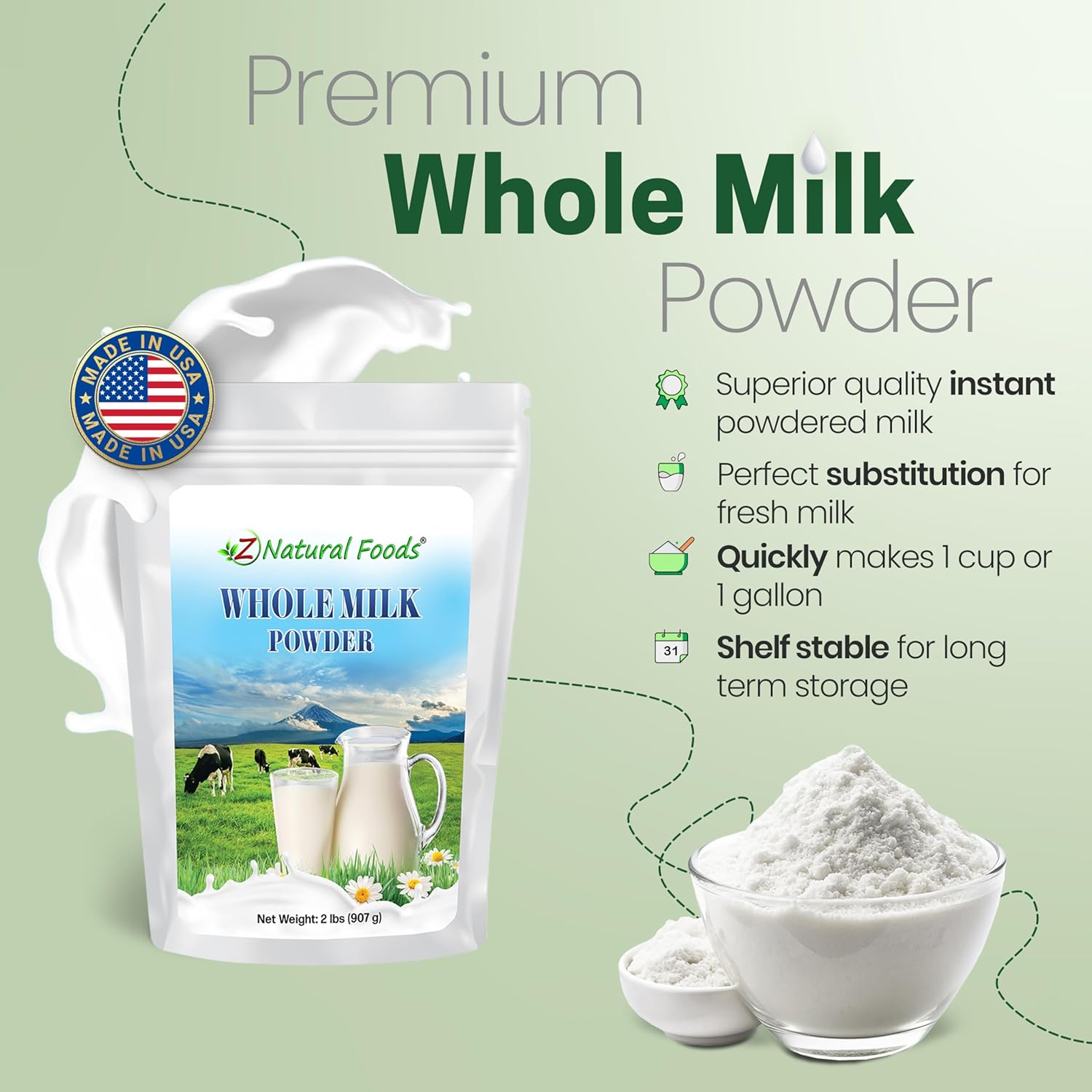 Z Natural Foods Premium Whole Milk Powder - Powdered Milk for Baking, Cooking, Drinks - Dry Milk Powder, Pasteurized, Non-GMO, Gluten-Free, Kosher-Certified, 5 lbs