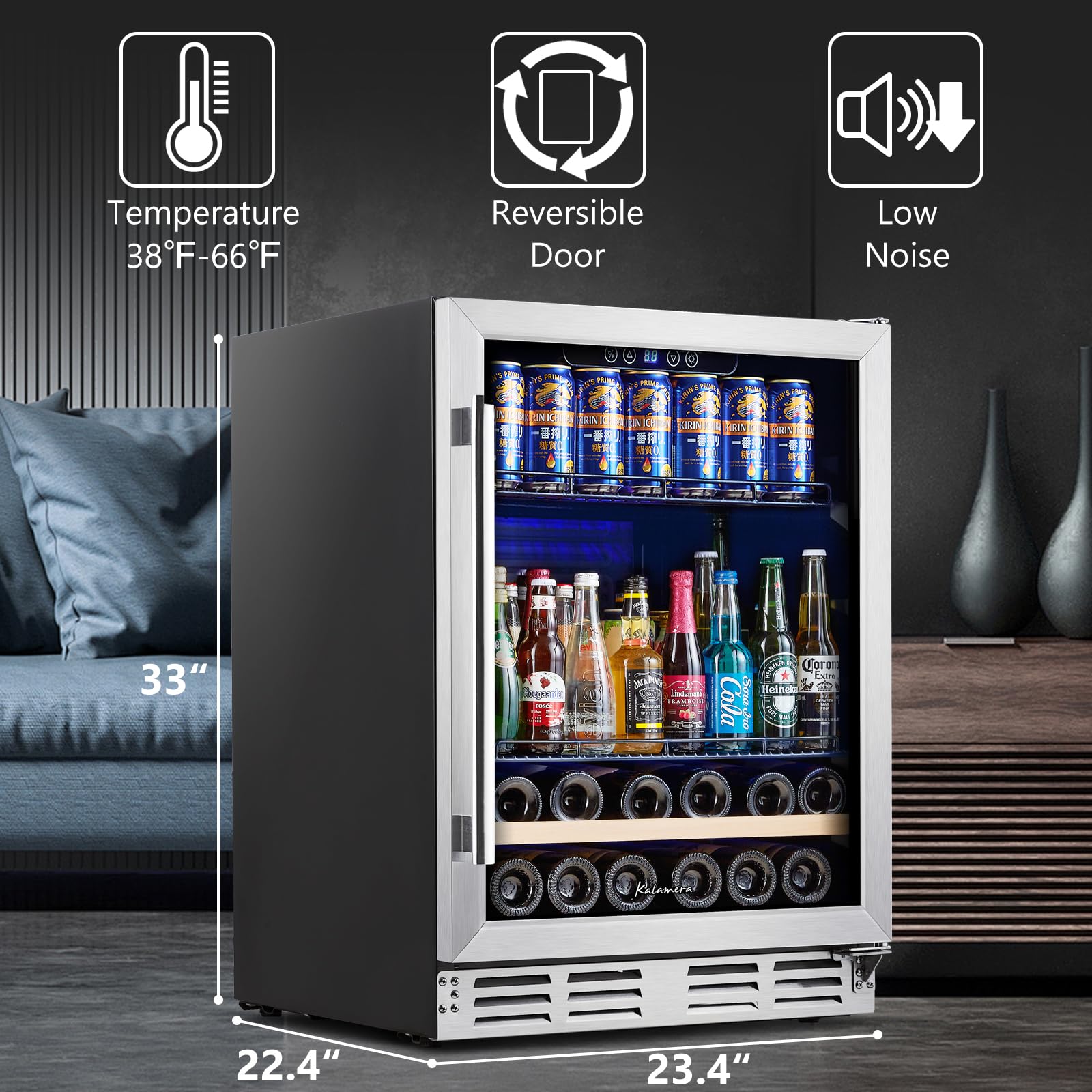 Kalamera 24 inch Wine Cooler, 37 Bottle - Dual Zone Built-in or Freestanding Fridge with Stainless Steel Reversible Glass Door, for Home, Kitchen or Office