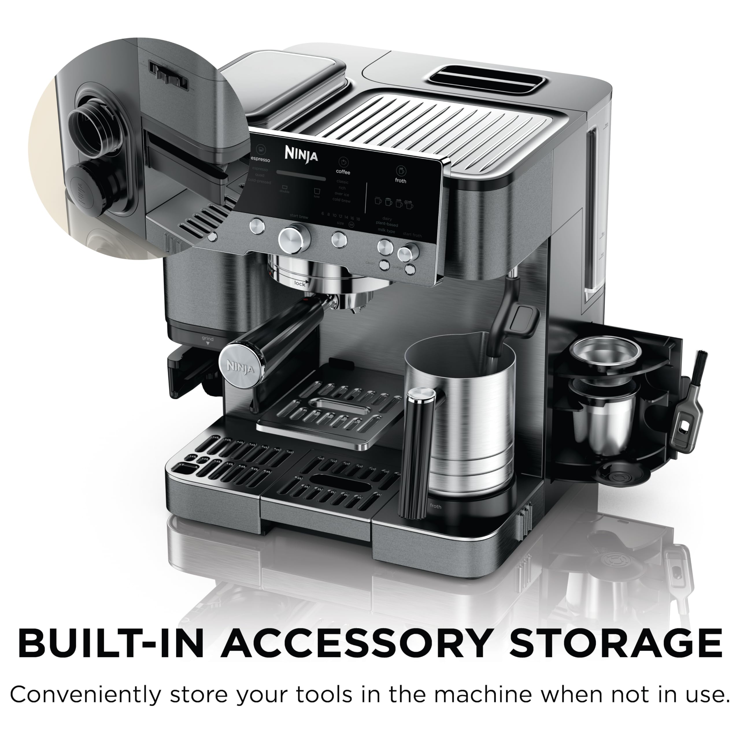 Ninja Luxe Café Premier 3-in-1 Espresso Machine, Drip Coffee, & Rapid Cold Brew | Built-in Coffee Grinder, Hands-Free Milk Frother, Assisted Tamper for Cappuccinos & Lattes | Stainless Steel | ES601