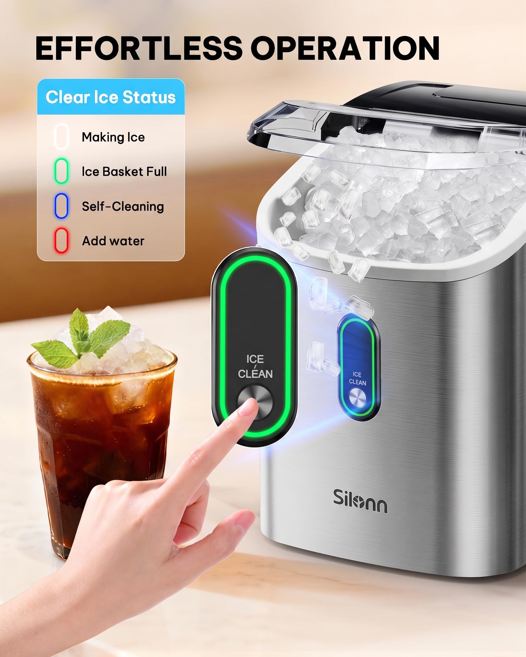 Nugget Ice Maker Countertop, Silonn Chewable Pellet Ice Machine with Self-Cleanin Function, 36lbs/24H Portable Ice Makers for Home Kitchen Officce, Black