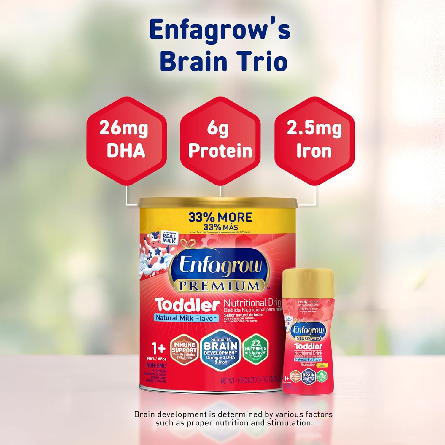 Enfagrow Premium Toddler Nutritional Drink, Made with Real Milk, Brain-Building Omega-3 DHA, Nutrients and Prebiotics for Growth & Immune Support, Non-GMO, Toddler Milk Powder, 32 Oz Can