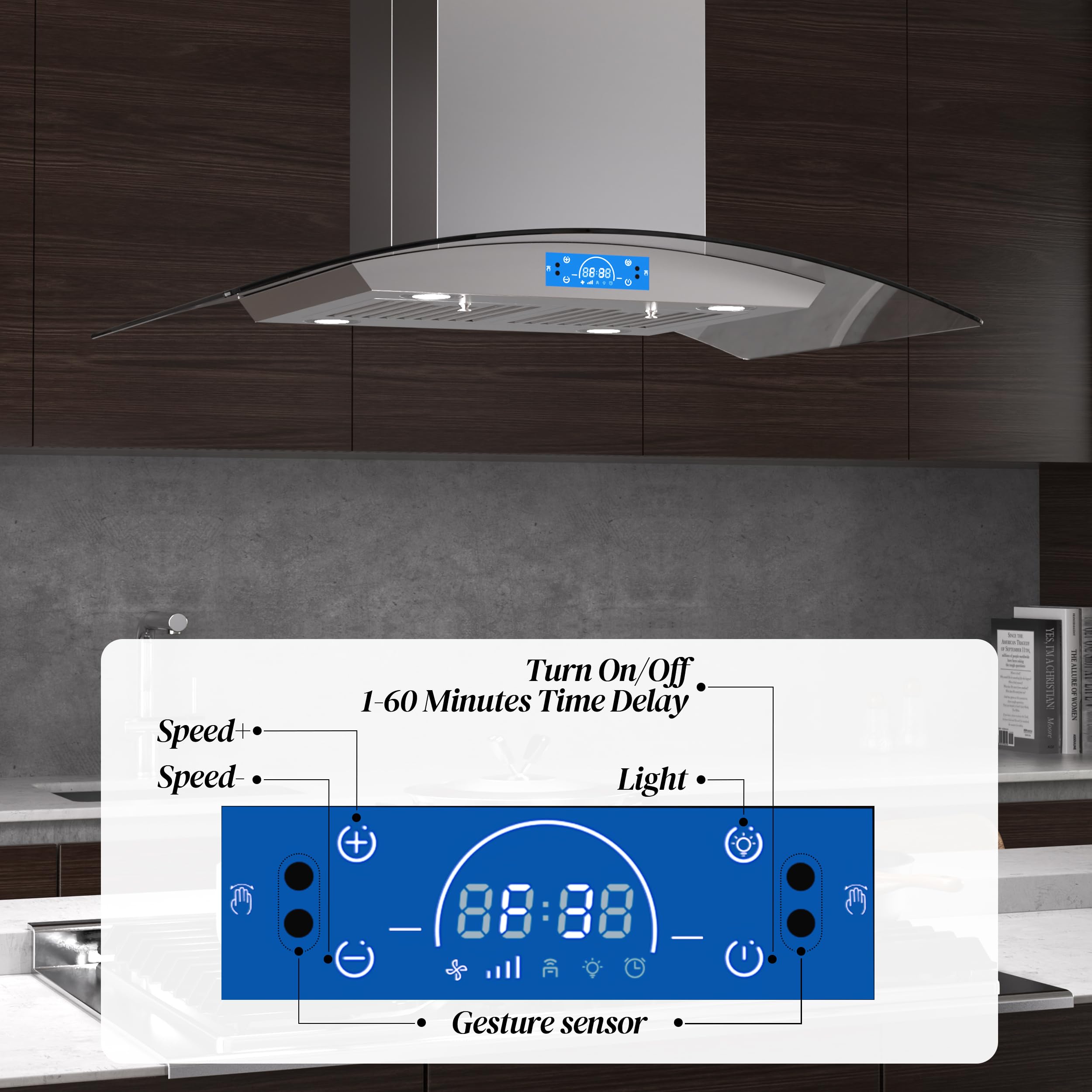 FIREGAS Island Range Hood 30 inch 700 CFM with Chimney, Ceiling Mount Kitchen Vent Hood with Tempered Glass, 4 LED Lights, Permanent Filters, Premium Touch Control Panel, Includes Charcoal Filter