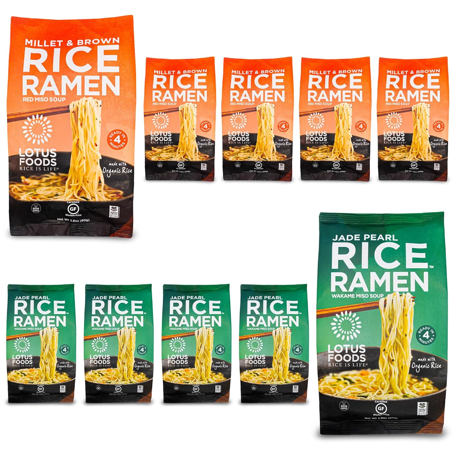 Lotus Foods Bulk Food Organic Millet & Brown Rice Ramen Noodles with Red Miso Soup, Gluten-Free Easy to Cook & Healthy Japanese Noodles with Instant Gourmet Broth, 2.8 Oz (Pack of 10)