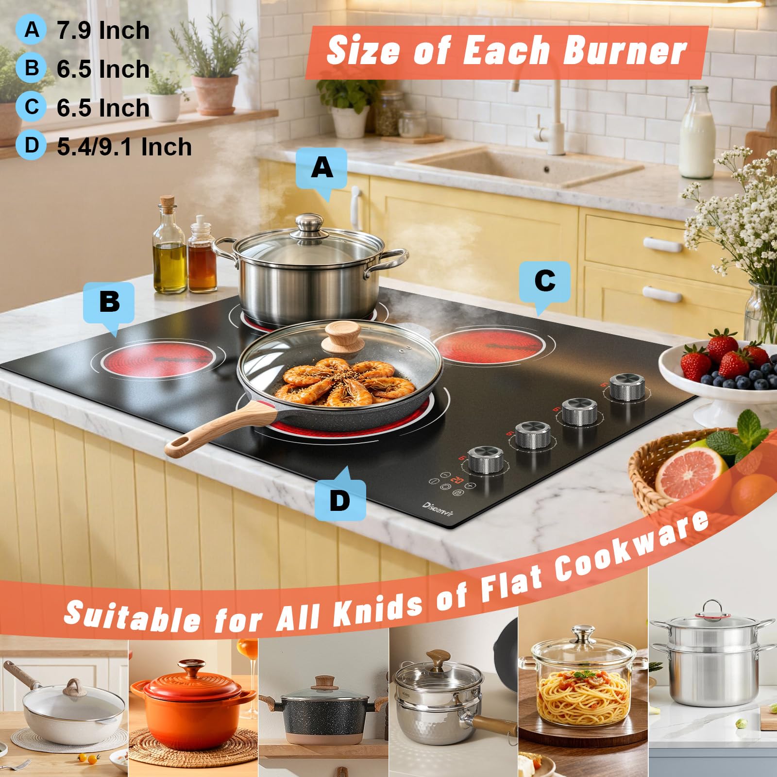 Disaenvir 29.13 Inch (Cut-out Size: 29.13"x19.3") Electric Cooktop - 30 Inch 9000W Powerful 5 Burner Electric Stovetop, Built-in Ceramic Stove 30“, Timer, Safety Lock, Pause, 240V Hard Wired (No Plug)