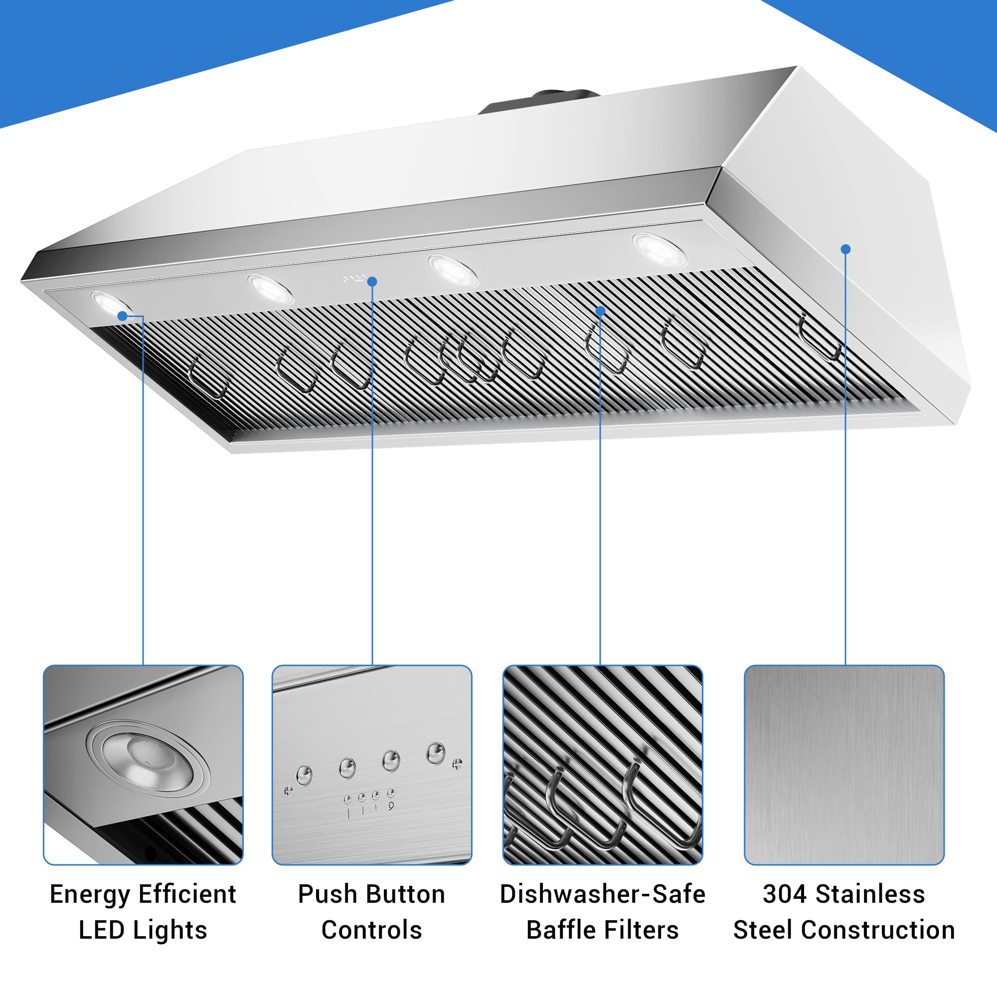CT Copper Tailor Built-in Range Hood Insert Vent 48 Inch, 1150 CFM with 4-Speed Fan, LED Light, Dishwasher-safe Baffle Filter,Stainless Steel