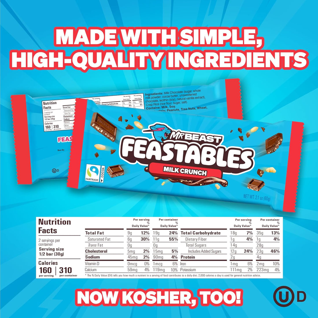Feastables MrBeast Combo Pack, King Size Milk Chocolate & Milk Crunch Bars, 10 Each, Candy Bars for Adults & Kids, Candy Bar for Snacks, Gifts, or Dessert, Fairtrade Cocoa, 2.1 Oz Each, 20 Count