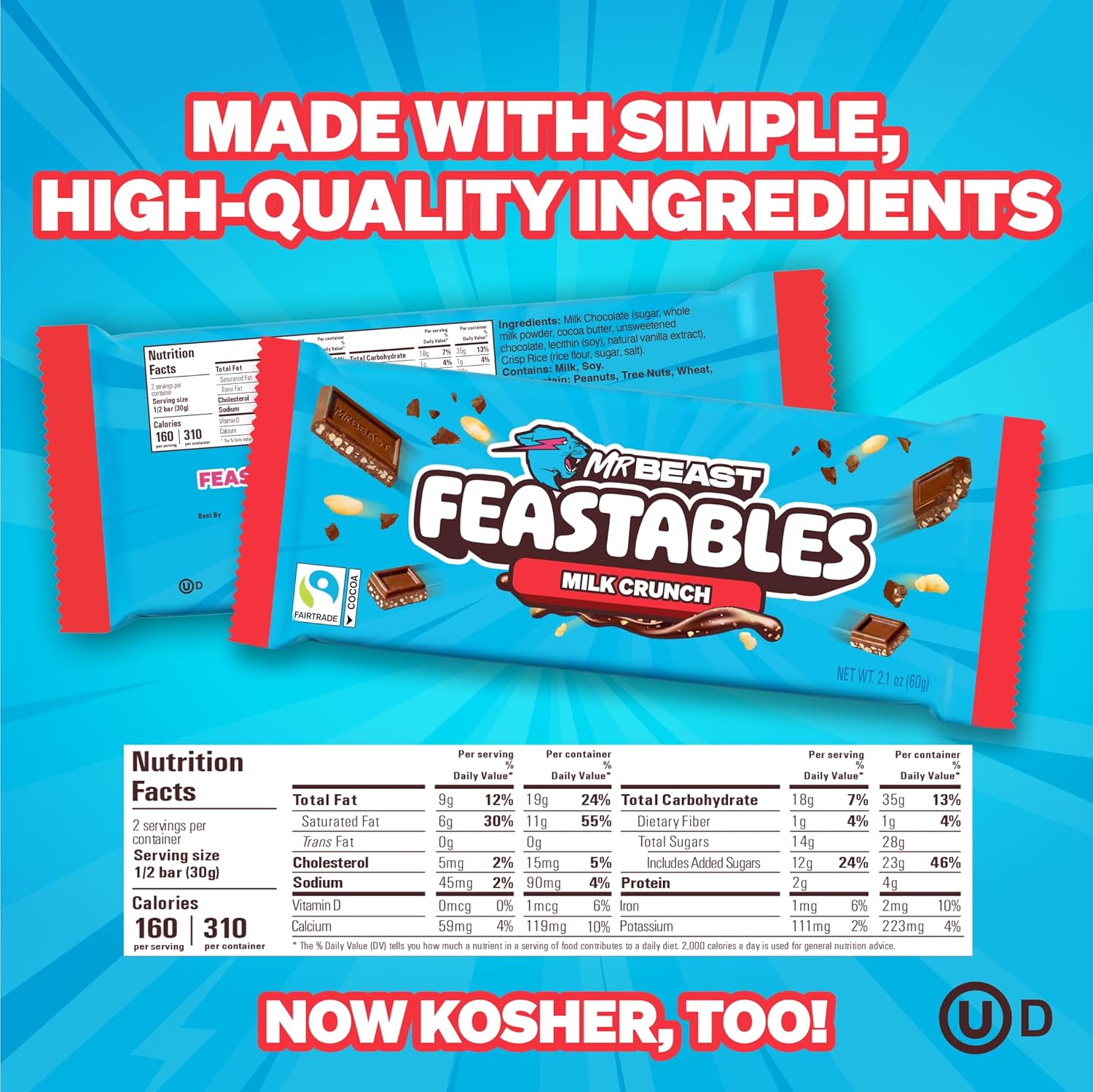 Feastables MrBeast Combo Pack, King Size Milk Chocolate & Milk Crunch Bars, 10 Each, Candy Bars for Adults & Kids, Candy Bar for Snacks, Gifts, or Dessert, Fairtrade Cocoa, 2.1 Oz Each, 20 Count