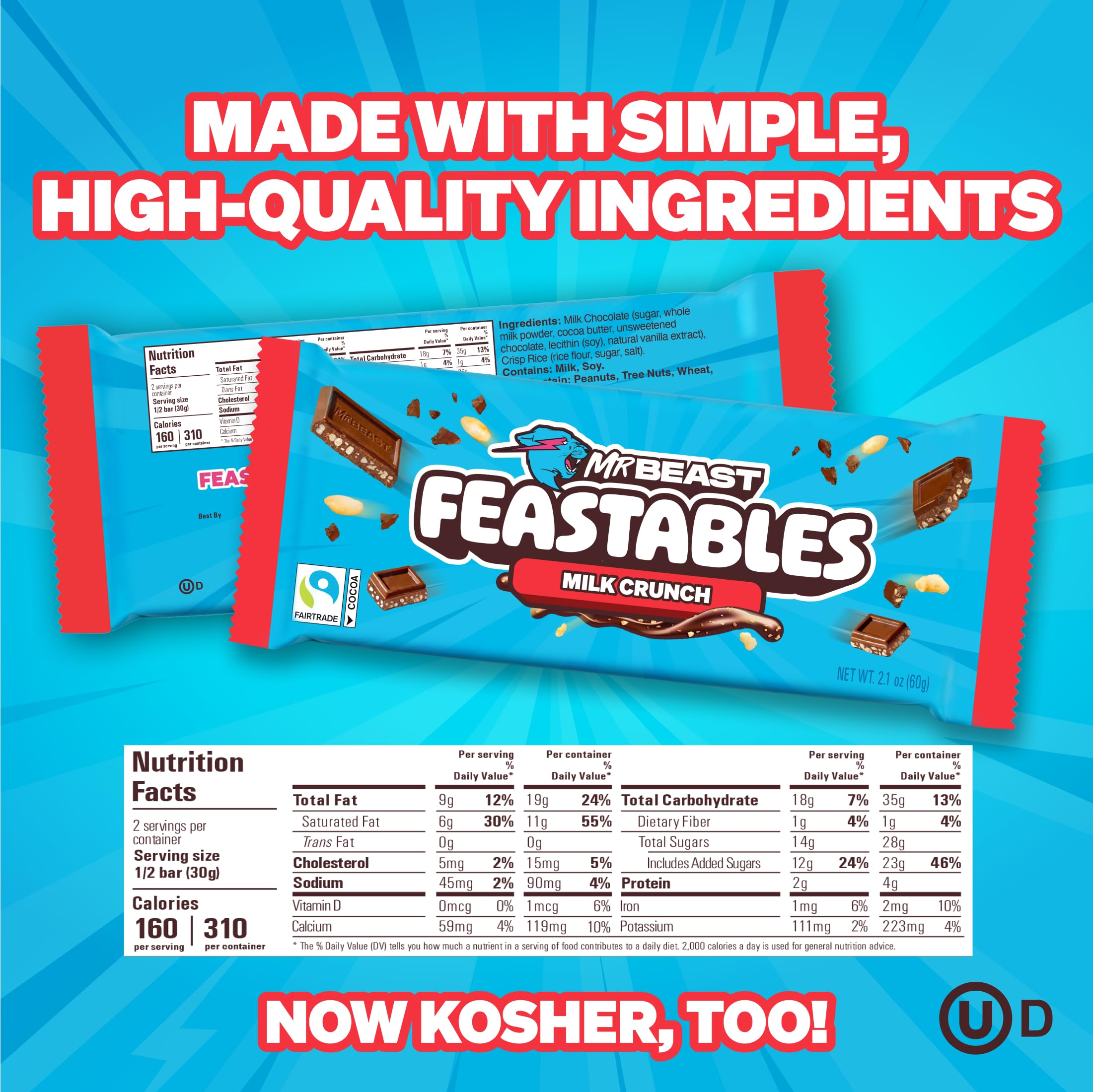 Feastables MrBeast Milk & Cookies Pack, King Size Milk Chocolate & Cookies & Creme Bars, 10 Each, Candy Bars for Adults & Kids as Snacks, Gifts, or Dessert, Fairtrade Cocoa, 2.1 Oz Each, 20 Count