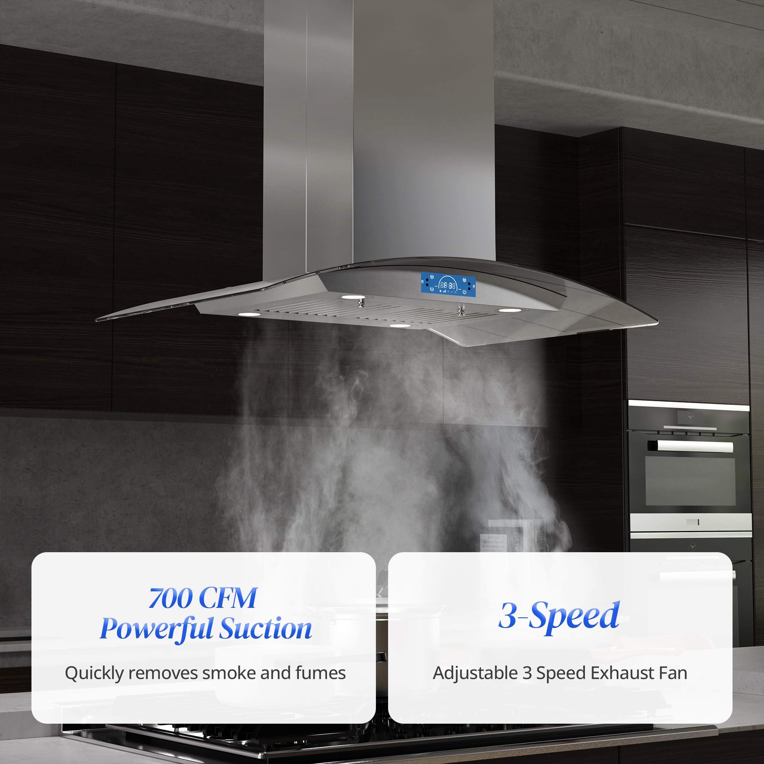 FIREGAS Island Range Hood 30 inch 700 CFM with Chimney, Ceiling Mount Kitchen Vent Hood with Tempered Glass, 4 LED Lights, Permanent Filters, Premium Touch Control Panel, Includes Charcoal Filter