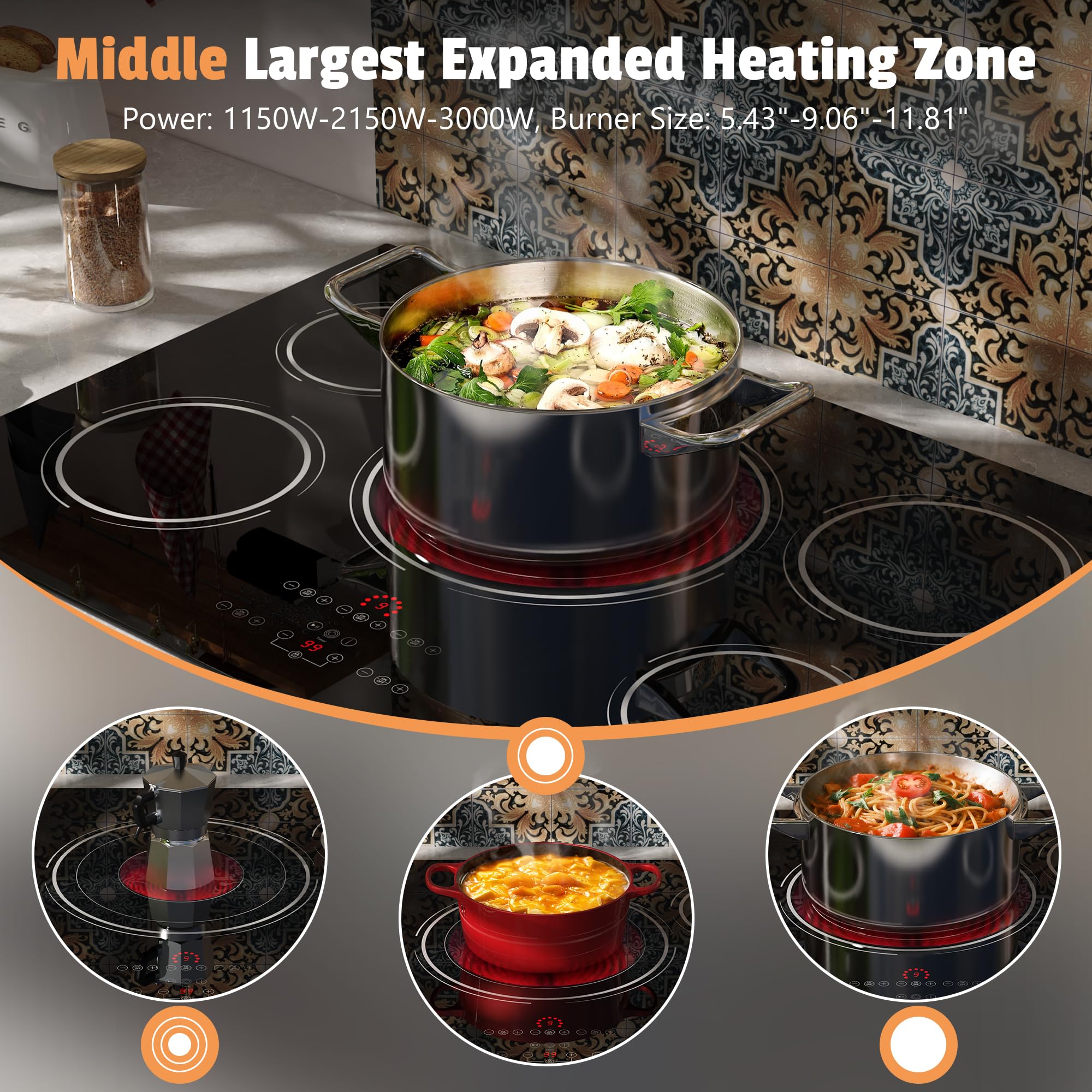 Disaenvir 29.13 Inch (Cut-out Size: 29.13"x19.3") Electric Cooktop - 30 Inch 9000W Powerful 5 Burner Electric Stovetop, Built-in Ceramic Stove 30“, Timer, Safety Lock, Pause, 240V Hard Wired (No Plug)