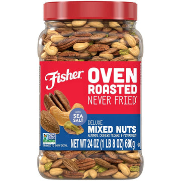 Fisher Oven Roasted Never Fried Deluxe Mixed Nuts, 24 Ounces (Pack of 1), Almonds, Cashews, Pecans, Pistachios, Healthy Snacks for Adults, Made With Sea Salt, No Added Oil, Trail Mix, Gluten Free