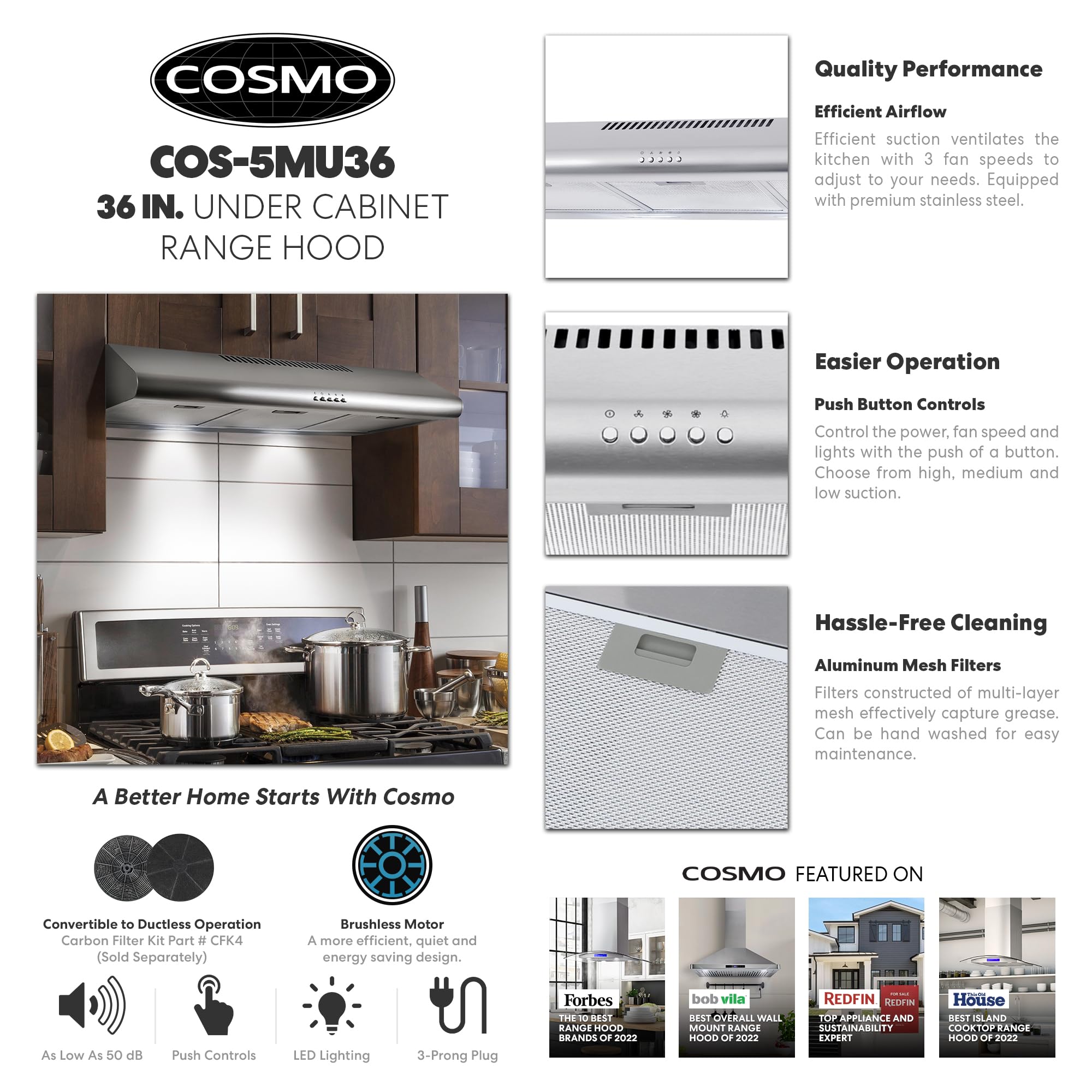 COSMO COS-5MU30 30 in. Delta Collection Ducted Under Cabinet Range Hood, Button Controls, Reusable Filters, LED Lights, Stainless Steel