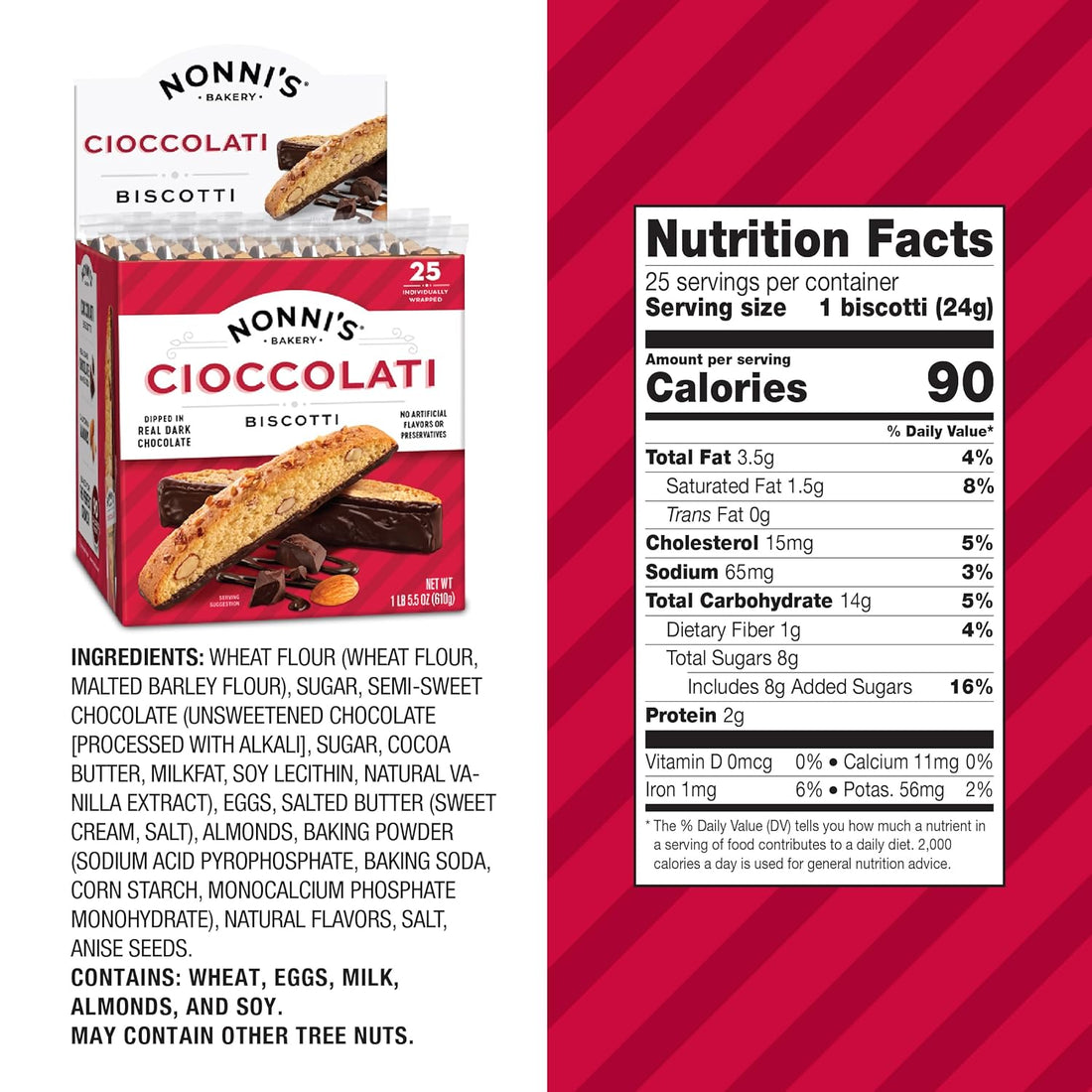 Nonni's Cioccolati Dark Chocolate Almond Biscotti Cookies – Individually Wrapped Italian Coffee Snack, Crunchy Twice-Baked, 21.5 oz Carton