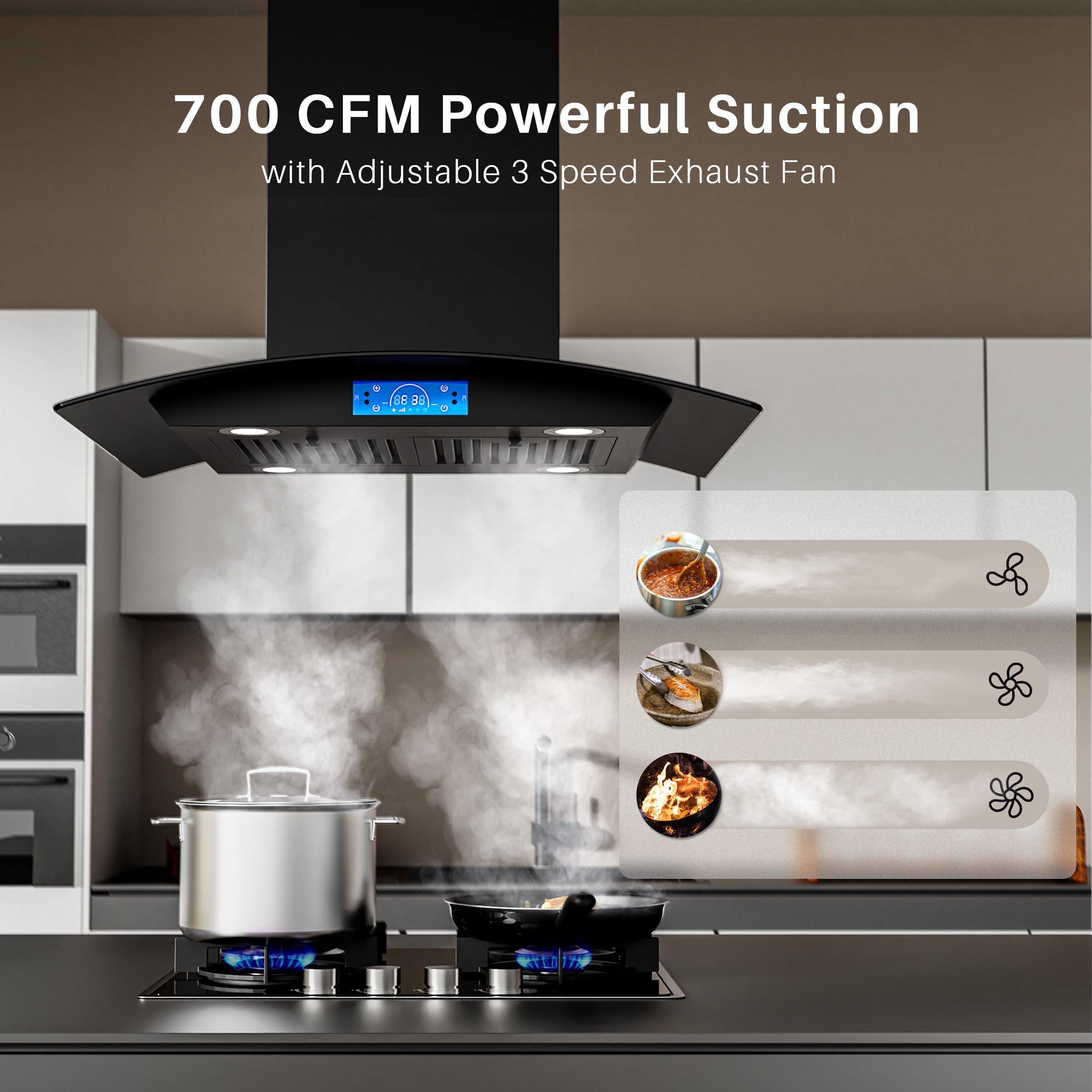 FIREGAS Island Range Hood 30 inch 700 CFM with Chimney, Ceiling Mount Kitchen Vent Hood with Tempered Glass, 4 LED Lights, Permanent Filters, Premium Touch Control Panel, Includes Charcoal Filter
