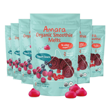 Amara Smoothie Melts - Mixed Red Berries - Baby Snacks Made With Fruits and Vegetables - Healthy Toddler Snacks For Your Kids Lunch Box - Organic Plant Based Yogurt Melts - 6 Resealable Bags