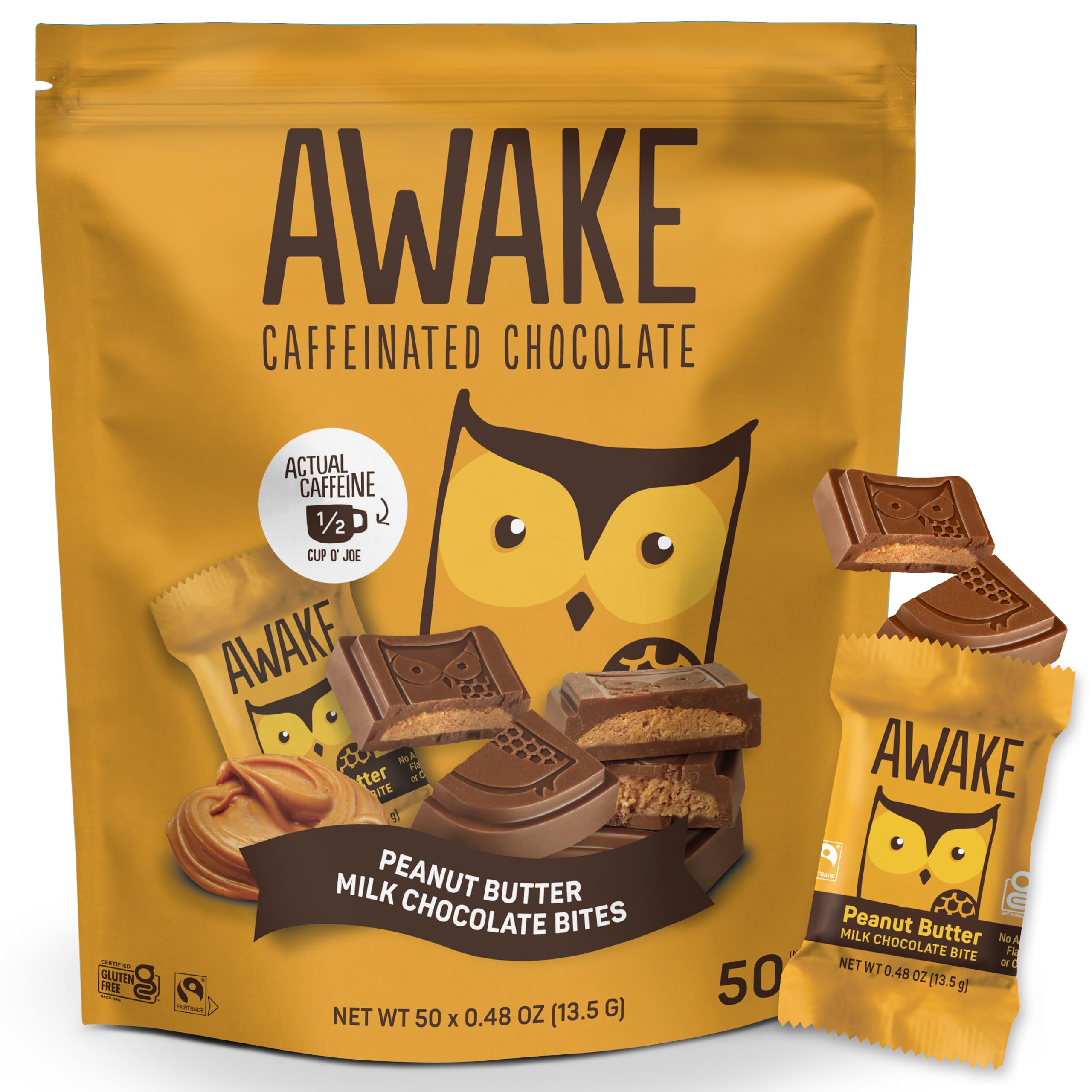 AWAKE - Caffeinated Chocolate Bites - Caramel Milk Chocolate, 50 Bites - 50mg Caffeine - Individually Wrapped Energy Bites - Coffee Alternative - Fairtrade, Gluten Free, Non GMO - 0.48oz