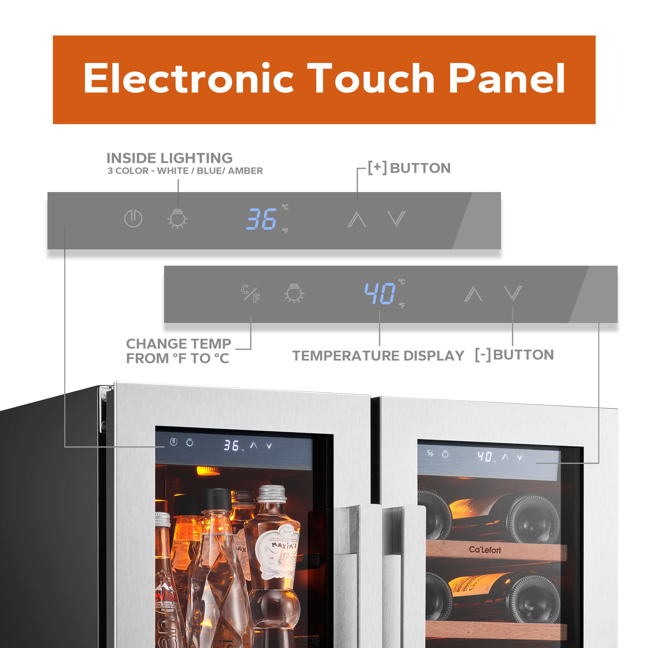 Ca'Lefort 15 Inch Wine Fridge, 33 Bottle Wine Cooler Refrigerator, 40-65°F Wine Refrigerator Glass Door, 3 LED Wine Fridge, Built-in or Freestanding Fridge for Home/Bar/Kitchen (3.0 cu.ft)