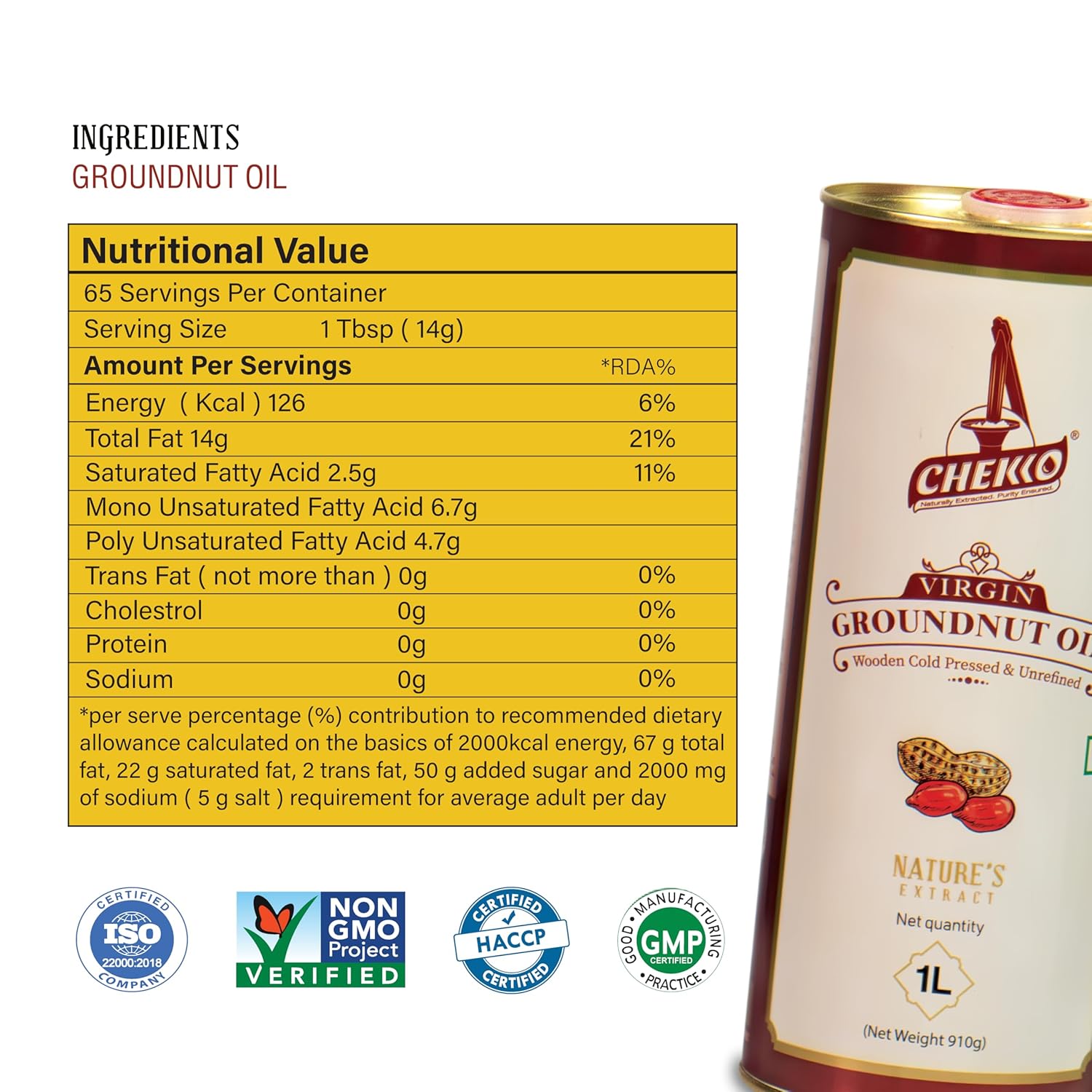 Chekko Cold Pressed Virgin 5L Groundnut/Peanut Oil | 100% Natural, Pure, Non GMO & Wood Pressed 169 FL.Oz for Cooking