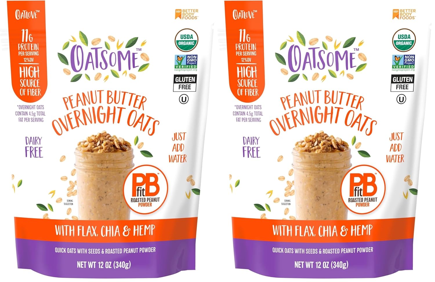 Oatsome Organic Overnight Oats with Chia, Flax, & Hemp, Gluten-Free Oatmeal with 7g of Protein, 2 lb 8 oz (40oz) Bag