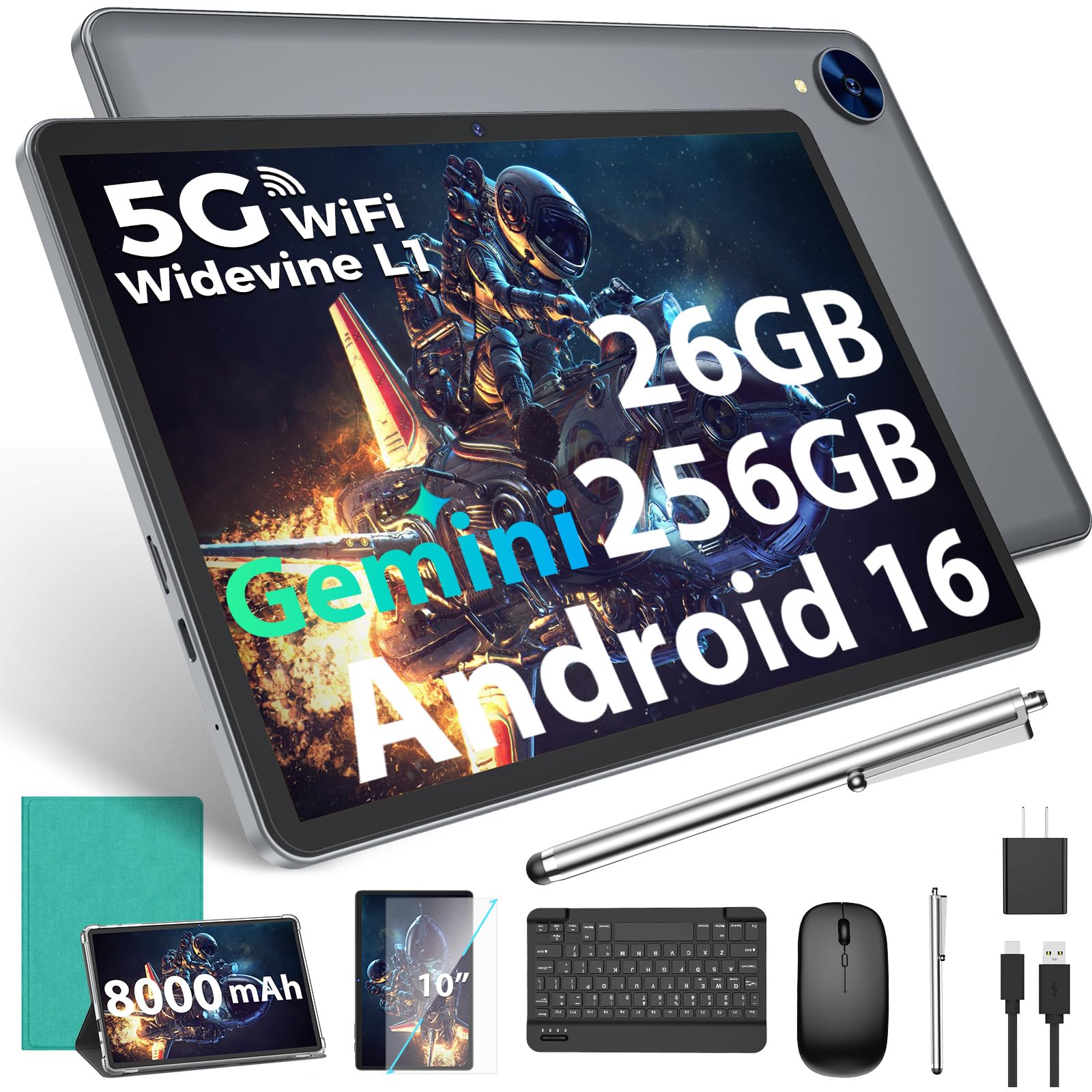 2026 Gemini AI Android 16 Tablet, 10 inch Tablet with Keyboard, 26GB+256GB (2TB Expand), 2-in-1 Tablets with 8-Core, 5G WiFi, 8000mAh, GMS, GPS, Electronic Tablets PC with Mouse, Case, Stylus (Black)