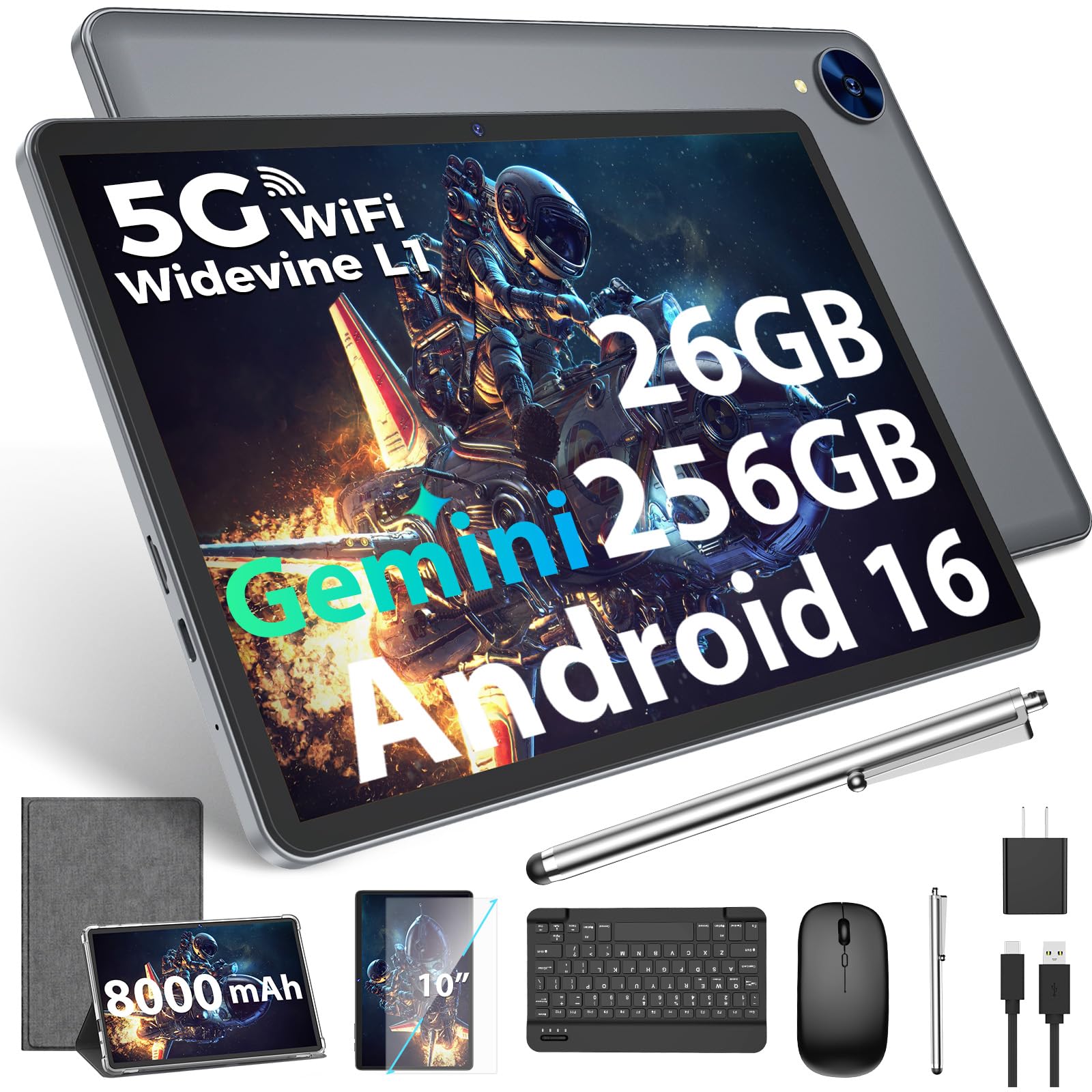 2026 Gemini AI Android 16 Tablet, 10 inch Tablet with Keyboard, 26GB+256GB (2TB Expand), 2-in-1 Tablets with 8-Core, 5G WiFi, 8000mAh, GMS, GPS, Electronic Tablets PC with Mouse, Case, Stylus (Black)