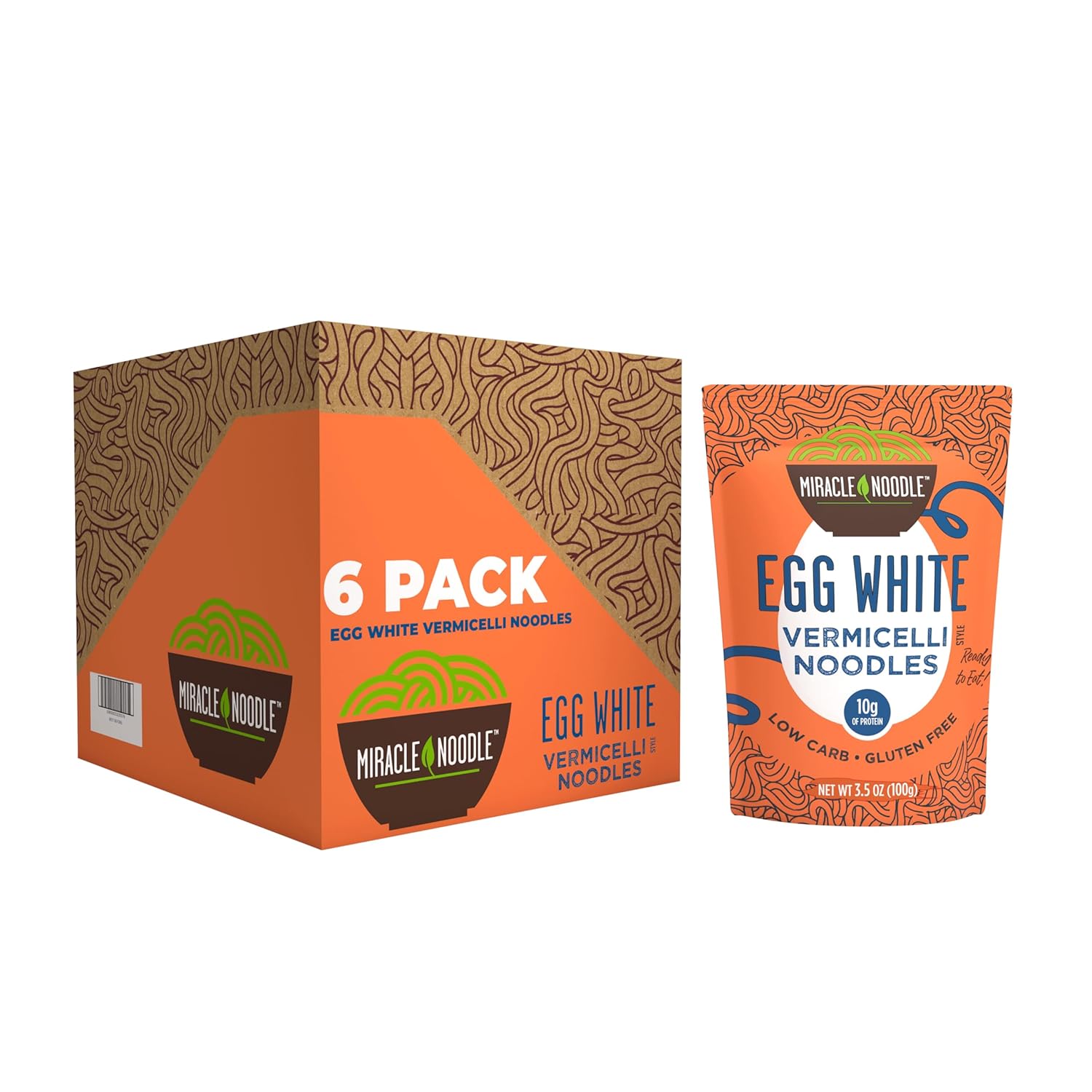 Miracle Noodle Egg White Spaghetti Pasta, 3.5 Oz (Pack of 6), Ready to Eat Egg White Noodles, 10g Protein, 45 Calories, 1g Net Carbs Per Serving, High Protein, Keto, Gluten-Free