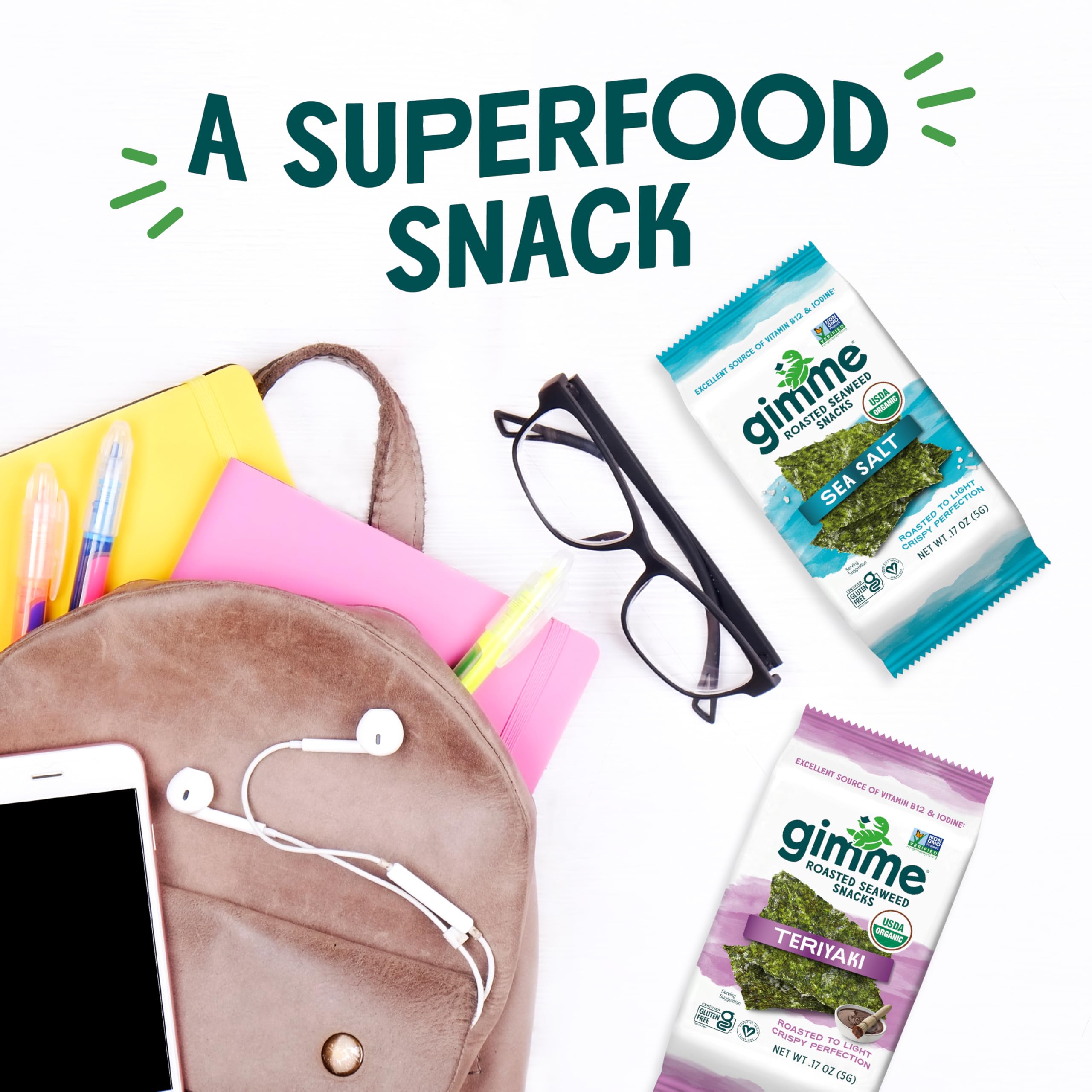Gimme Seaweed Organic Premium Roasted Seaweed Snacks, Sea Salt, 20 Count, Keto, Vegan, Gluten-Free, Great Source of Omega3s and Iodine, Healthy On-The-Go Snack for Kids and Adults