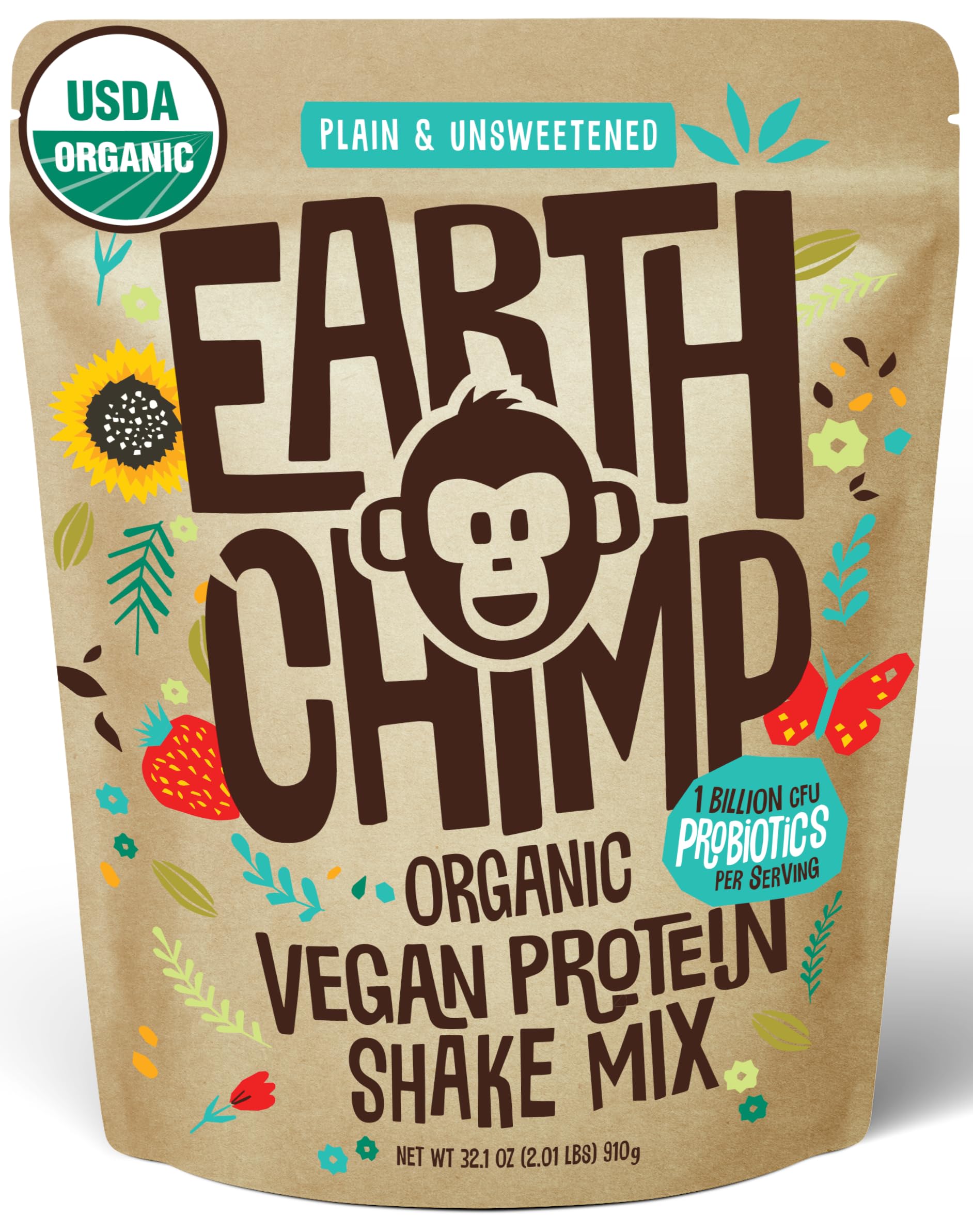 EarthChimp Organic Vegan Protein Powder - with Probiotics - Non GMO, Dairy Free, Non Whey, Plant Based Protein Powder for Women and Men, Gluten Free - 26 Servings 32 Oz (Chocolate)