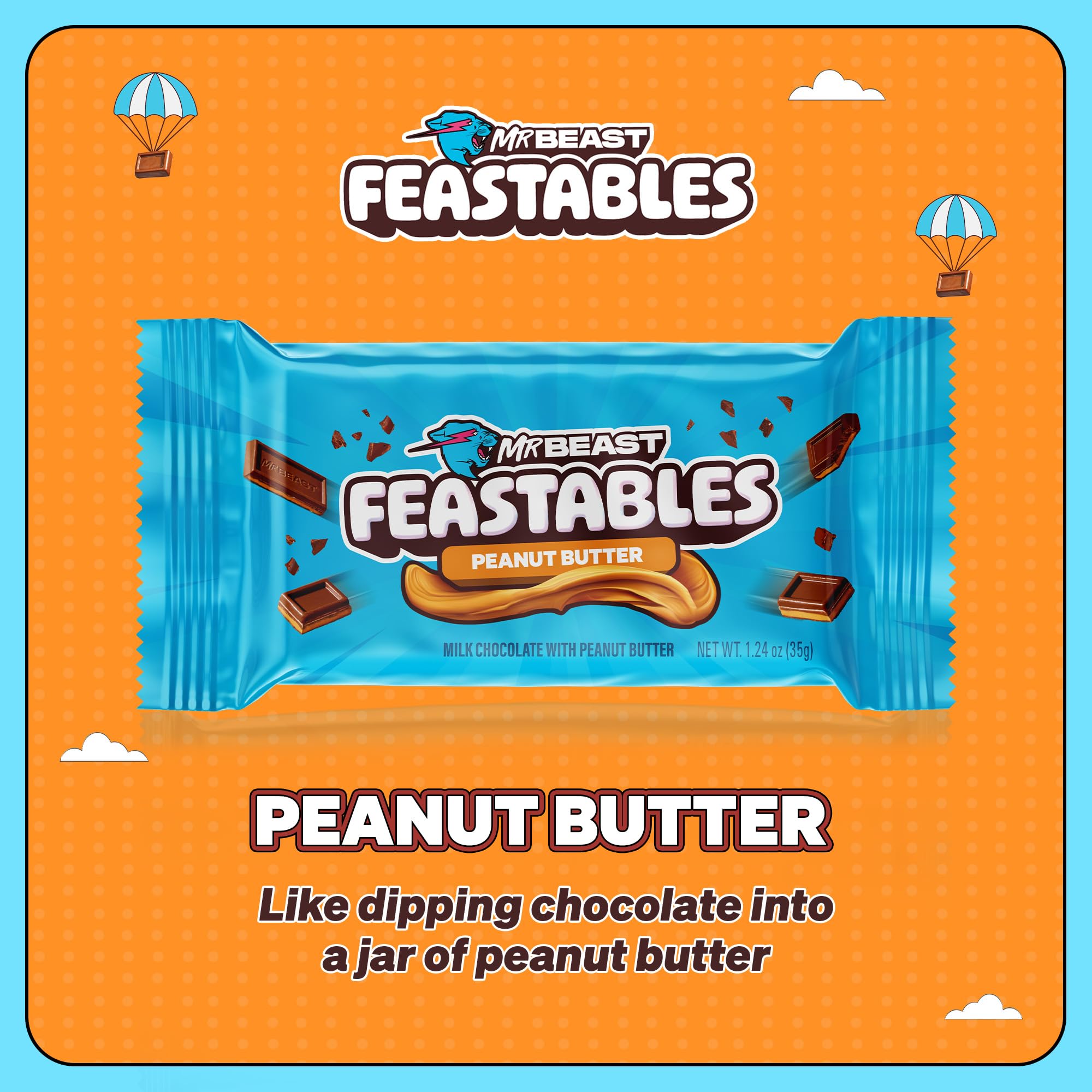 Feastables MrBeast Milk Chocolate Chocolate Bar, Full Size Bar for Adults & Kids, Candy Bars, Snacks, Gifts, or Dessert, Sweet & Creamy Fairtrade Cocoa, 1.24 Oz Each, 24 Count