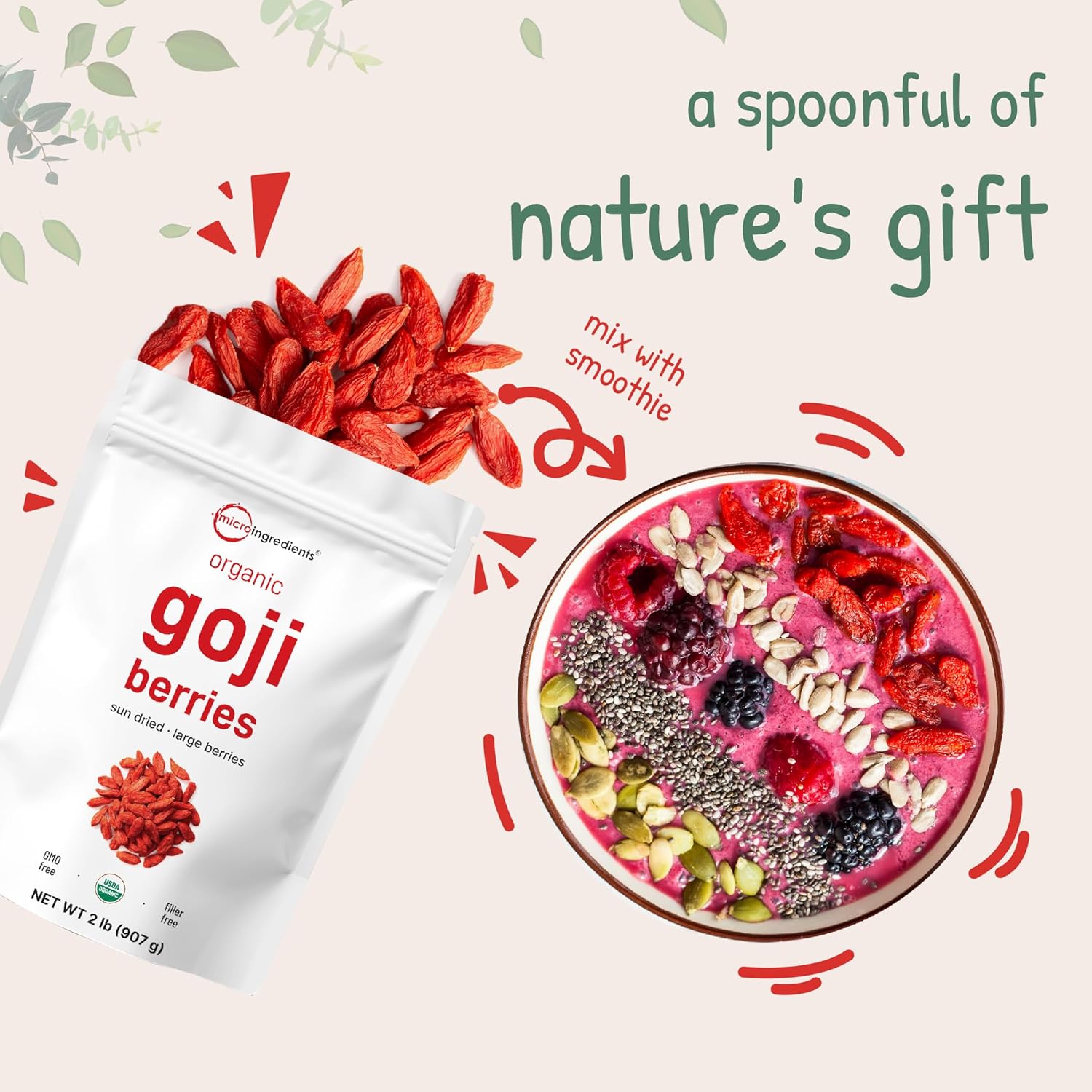 Micro Ingredients Organic Goji Berries 2lbs (32oz) | Large Whole Sun-Dried Berries | Raw Superfood Wolfberries | Natural Flavor for Trail Mix, Juice, & Tea | Sulfate Free, Vegan Friendly, Non-GMO