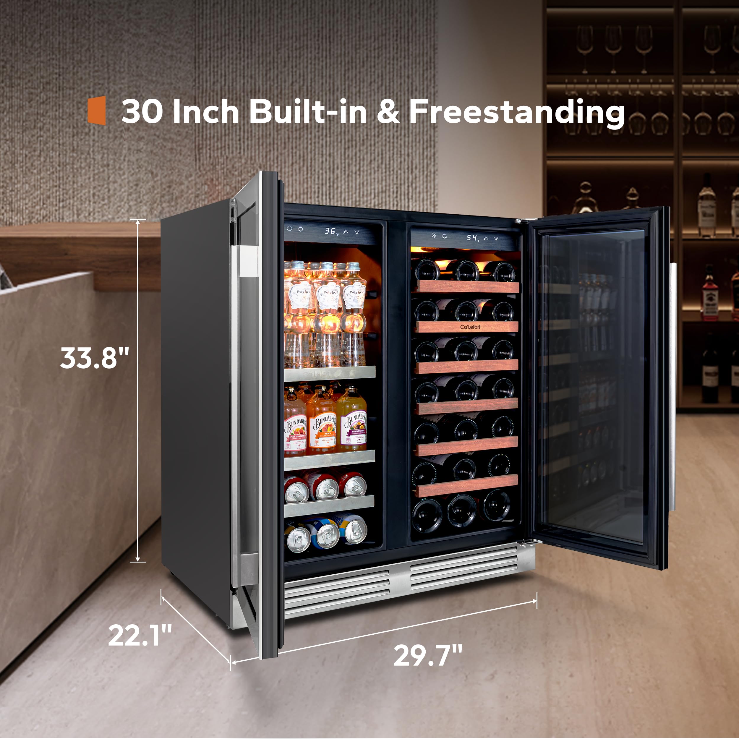 Ca'Lefort 15 Inch Wine Fridge, 33 Bottle Wine Cooler Refrigerator, 40-65°F Wine Refrigerator Glass Door, 3 LED Wine Fridge, Built-in or Freestanding Fridge for Home/Bar/Kitchen (3.0 cu.ft)